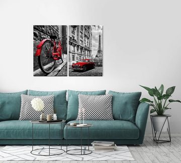 Sinus Art Leinwandbild 2 Bilder je 60x90cm Rotes Fahrrad Paris Oldtimer Schwarz Rot Frankreich Fotokunst Altstadt