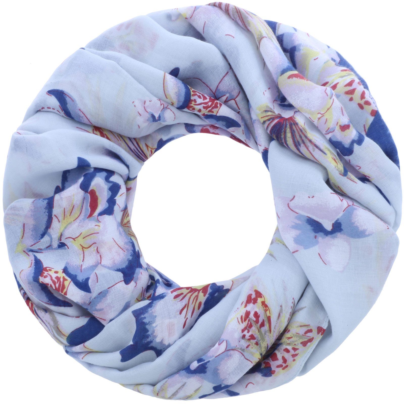 Faera Loop, Damen Schal mit tropischen Blumen weich und leicht Loopschal Rundschal hellblau