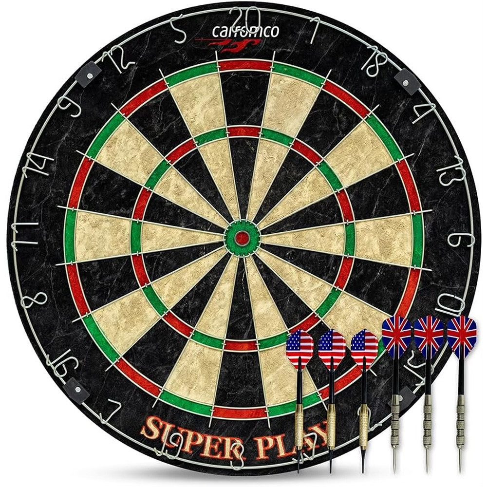 Carromco Dartscheibe Dartscheibe Superplay, Steeldart, Darts-Spiel, Turniergröße, Sisal Dartboard mit 3 Stahldarts & 3 Softdarts