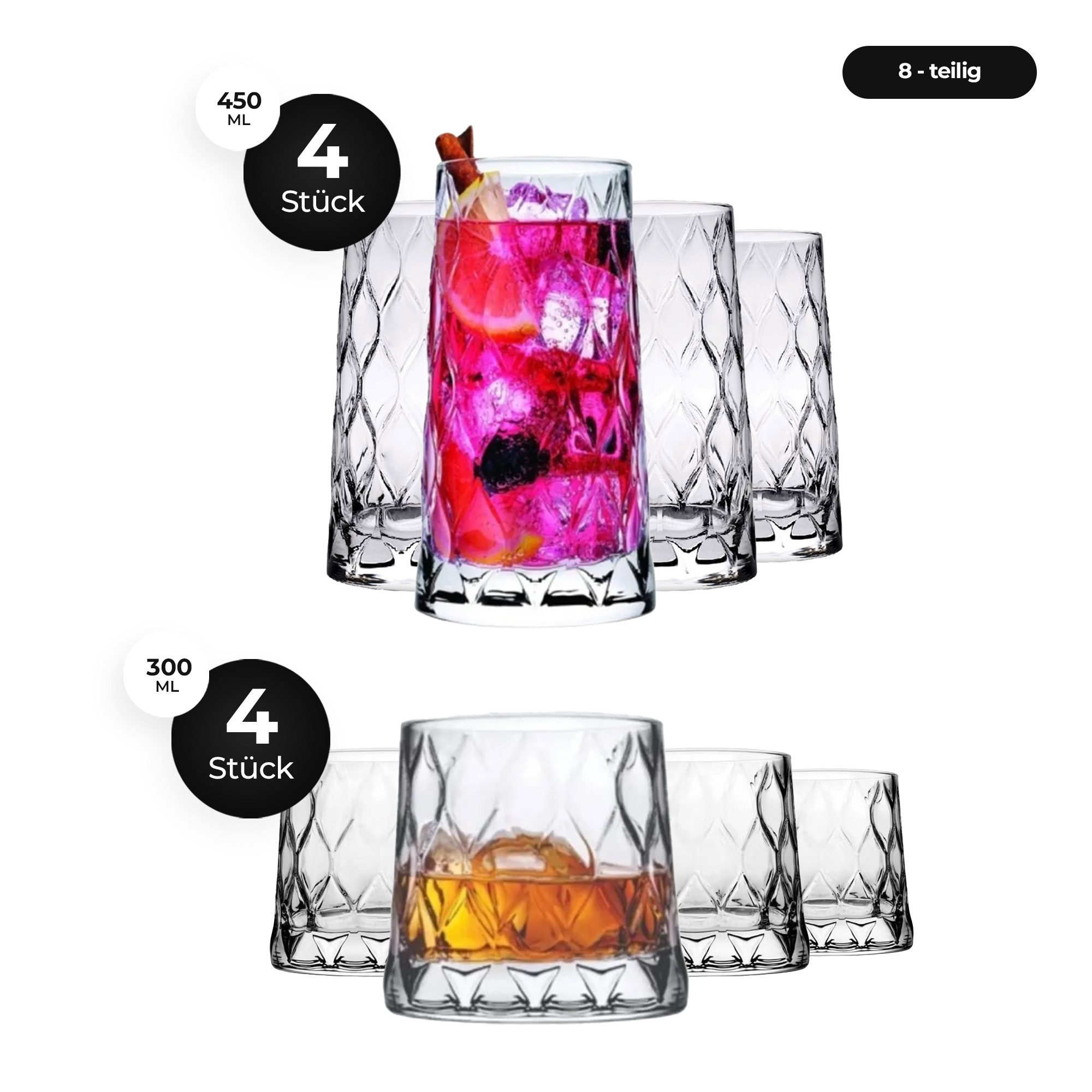 Gläser-Set Leafy Gläser Set – 4x Longdrinkgläser + 4x Whiskyglas