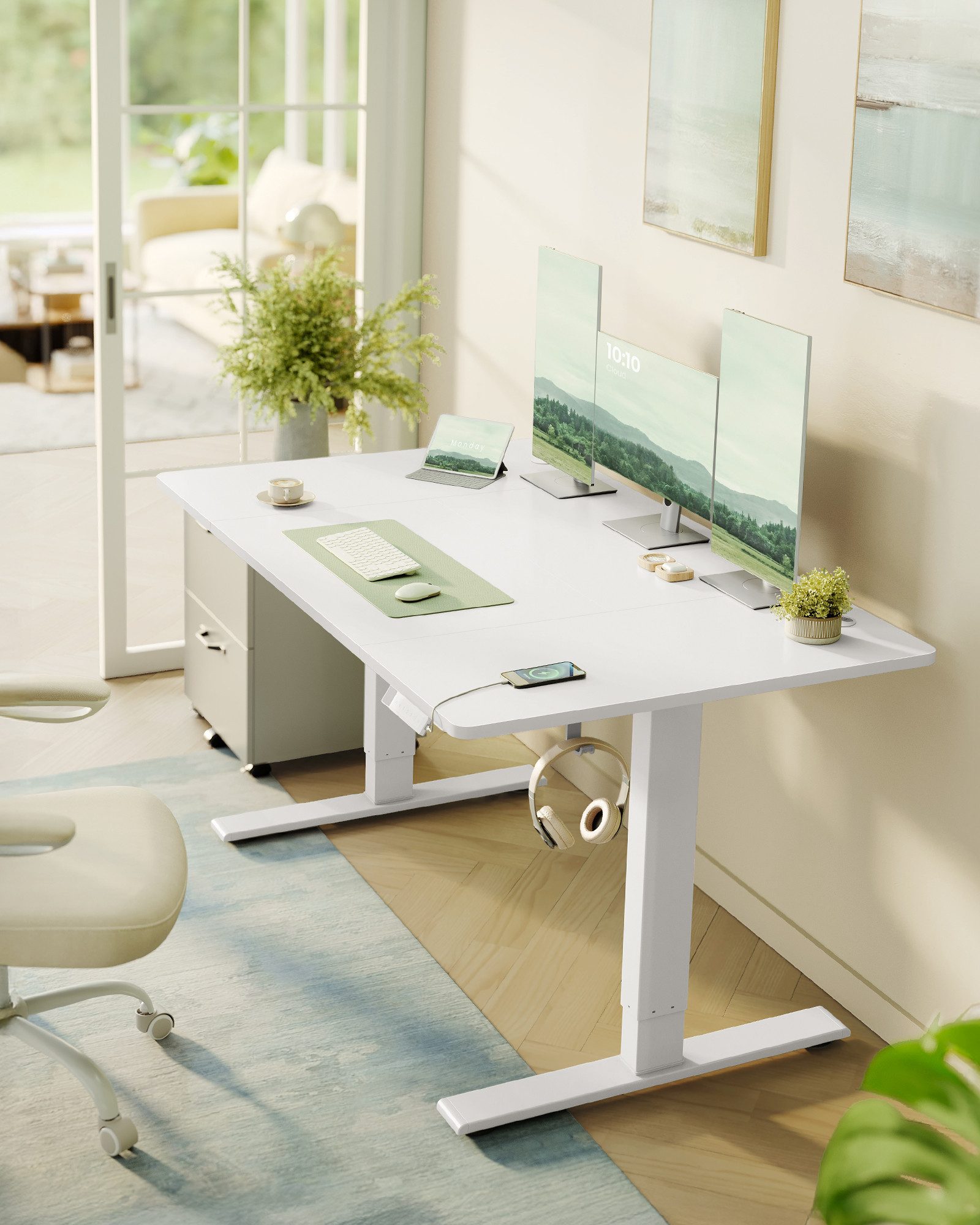 VASAGLE Schreibtisch Höhenverstellbarer, USB-C-Anschluss, Erinnerung bei langem Sitzen, Ablage für Steckdosenleiste, 3 Speichertasten, 140/160/180cm