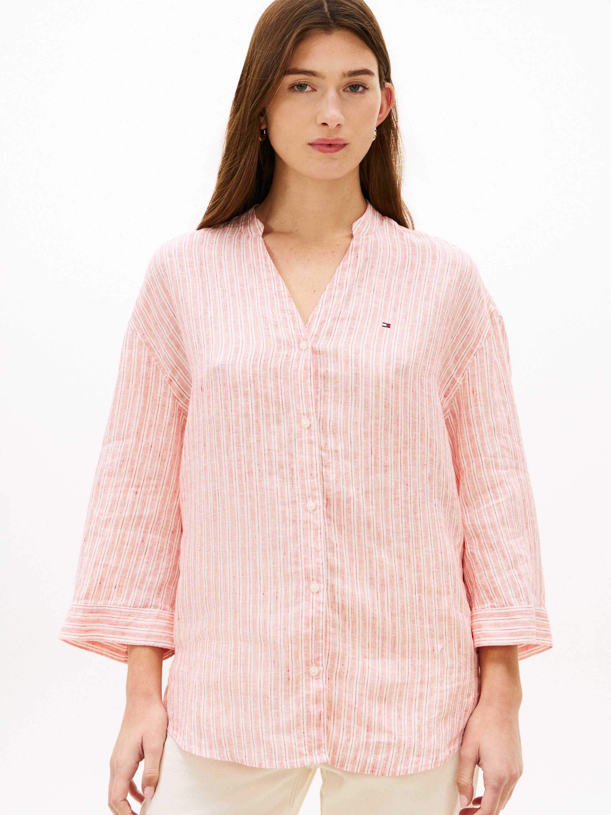 Tommy Hilfiger Shirtbluse ESS LINEN COLLARLESS SHIRT mit Logo-Stickerei
