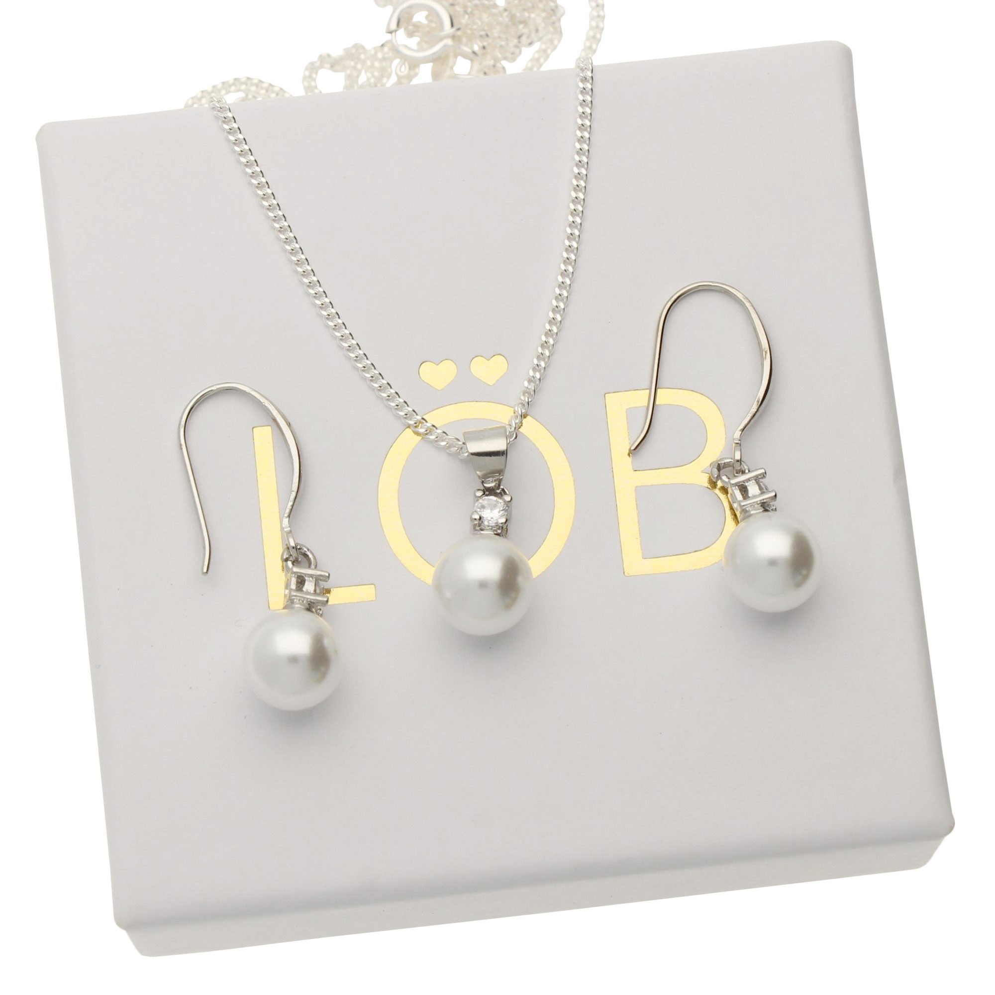 LÖB Ohrring und Ketten Set Halskette Ohrringe Hängend Zirkonia Tropfen Perlen Anhänger Set Silber (Geschenke für Frauen Damen Beste Freundin Mutter Mama Ehefrau – Bild 4 von 5