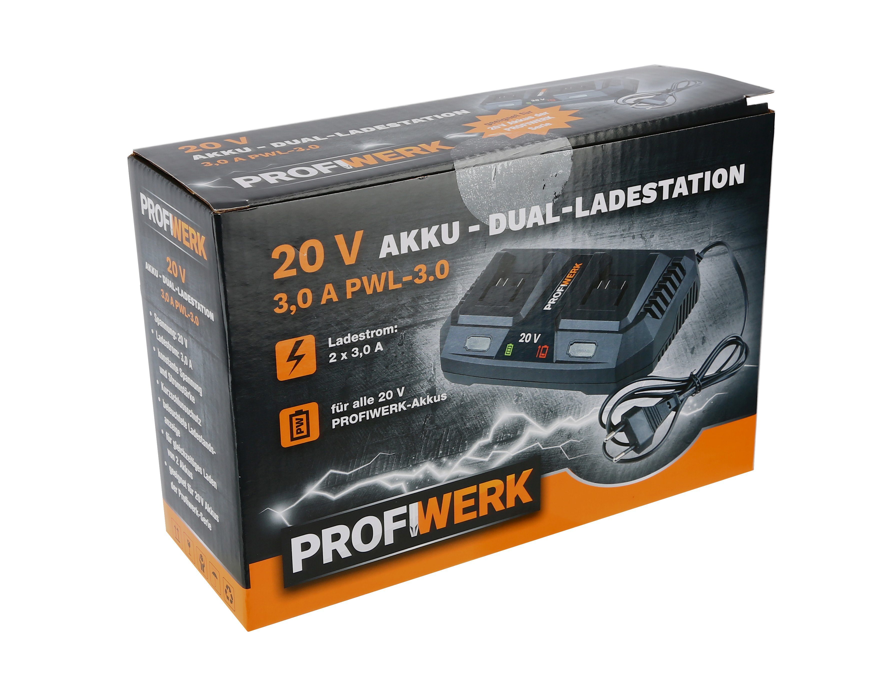 3,0A Werkzeug-Akku-Ladetechnik Dual-Ladestation 20V, Profiwerk PWL-3.0
