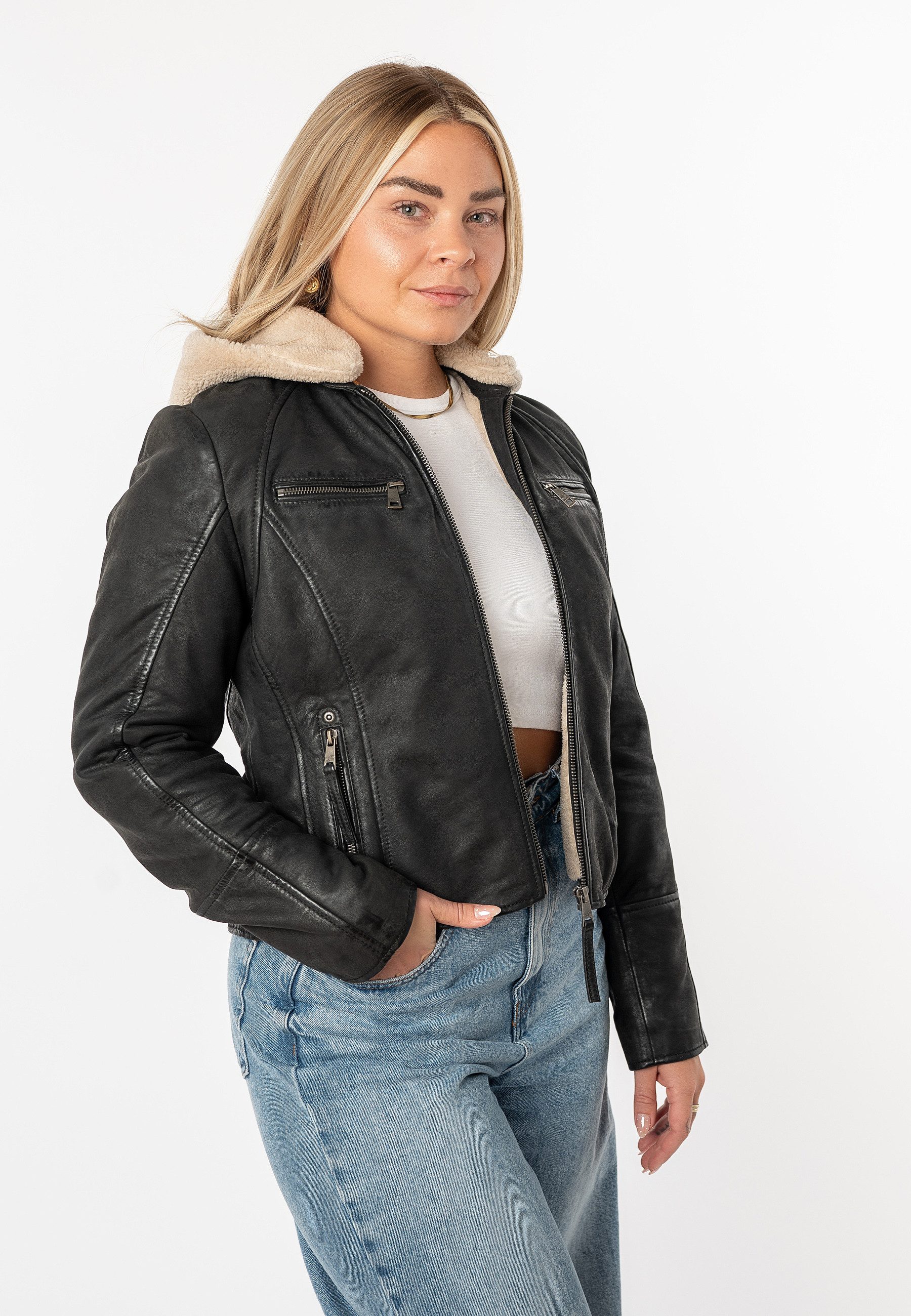 Mauritius Lederjacke MWNedra mit abknöpfbarer Teddyplüsch-Kapuze günstig online kaufen