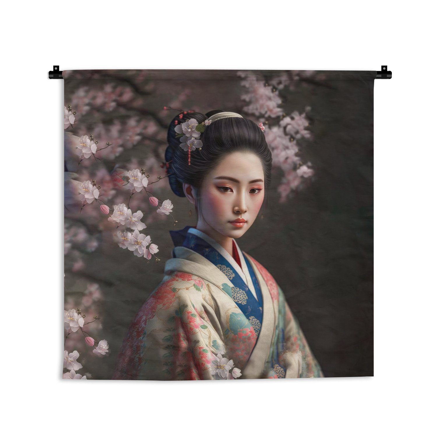Kleid, Sakura Porträt, - - - Schlafzimmer, für Wanddeko Kimono Kinderzimmer - MuchoWow Wohnzimmer, Wanddekoobjekt Wandbehang, Asiatisch Frau