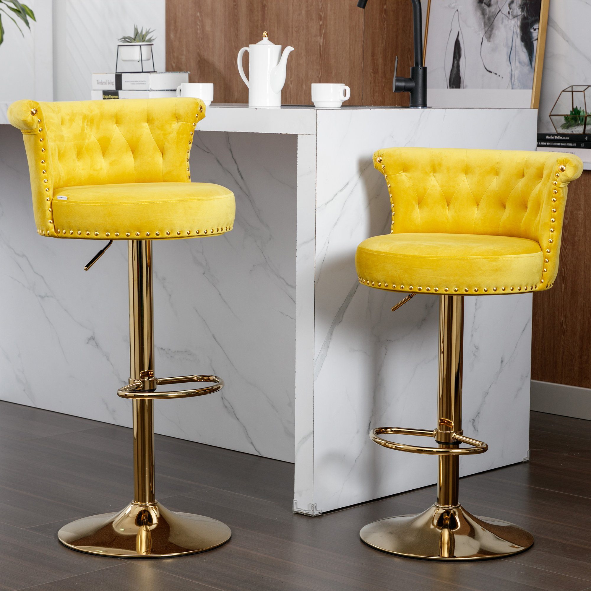 WISHDOR Barhocker Tresenhocker Bistrohocker Barhocker Barstühle, samt (mit Fußstütze für Küche, Esszimmer 2PC /setzen) gelb