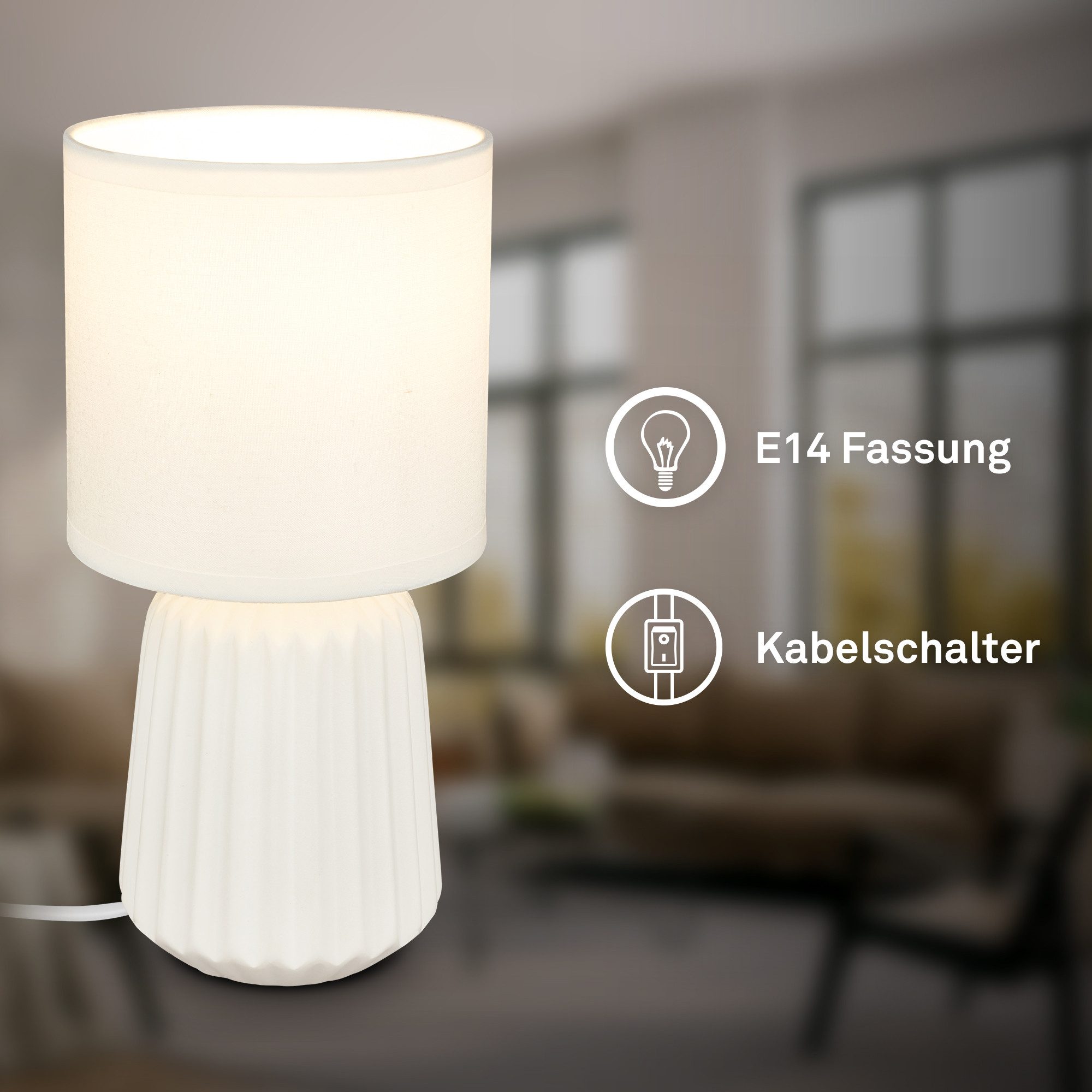 Briloner Leuchten LED Tischleuchte Tischlampe Keramik E14 Stoffschirm Kabelschalter Kommodenlampe, ohne Leuchtmittel, Abhängig vom Leuchtmittel, 13x27 cm, Schlafzimmer, Wohnzimmer, Flur