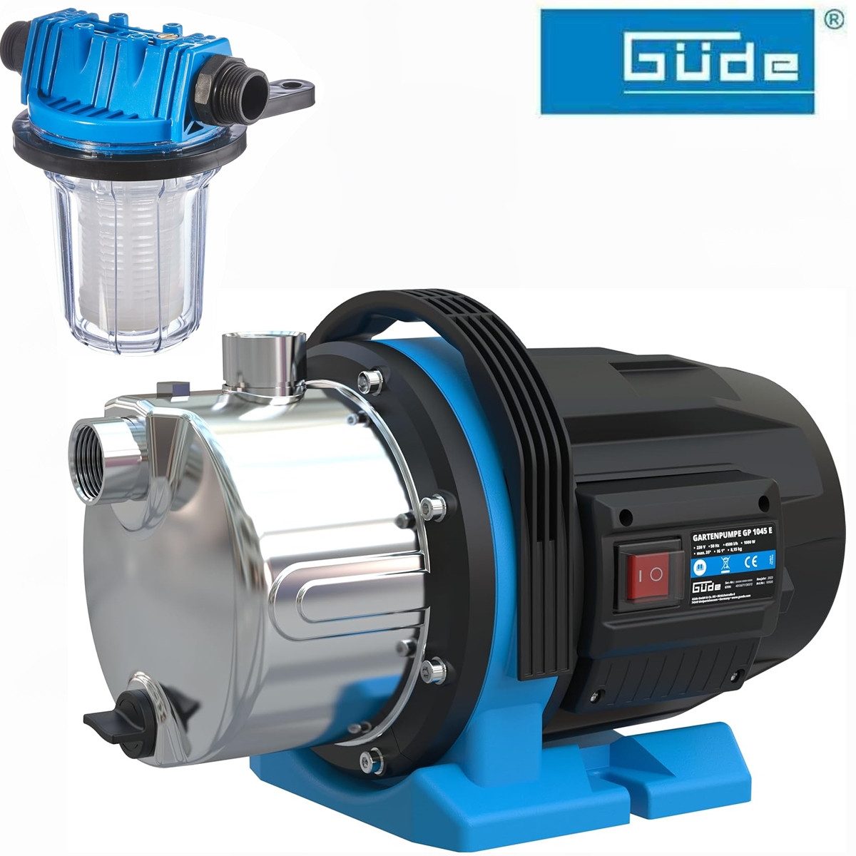 Güde Akku-Gartenpumpe Gartenpumpe GP 1045 E 1000 W, 4500 l/h, Wasserfilter Saugschlauch