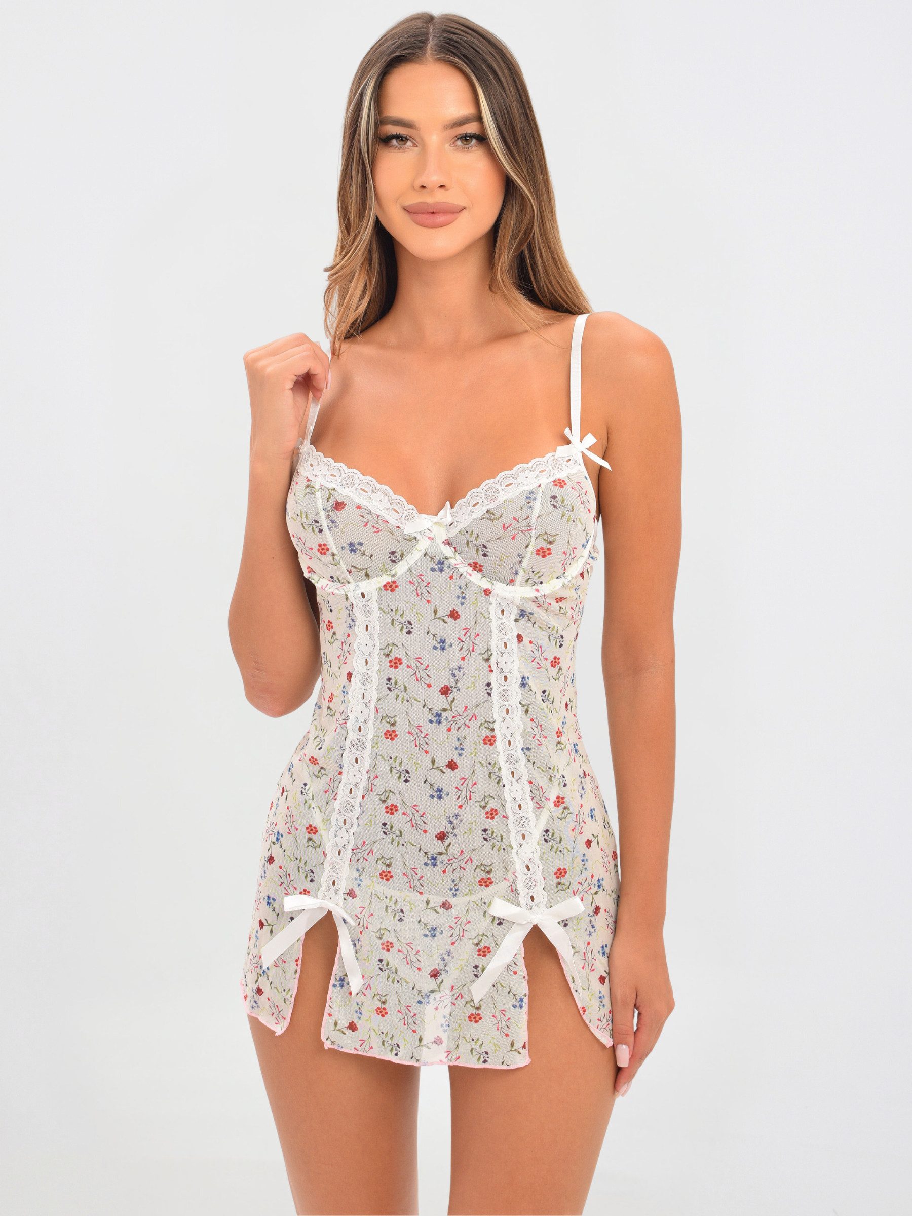 Orchibelle Schlafanzug Negligé Damen mit Blumenmuster günstig online kaufen