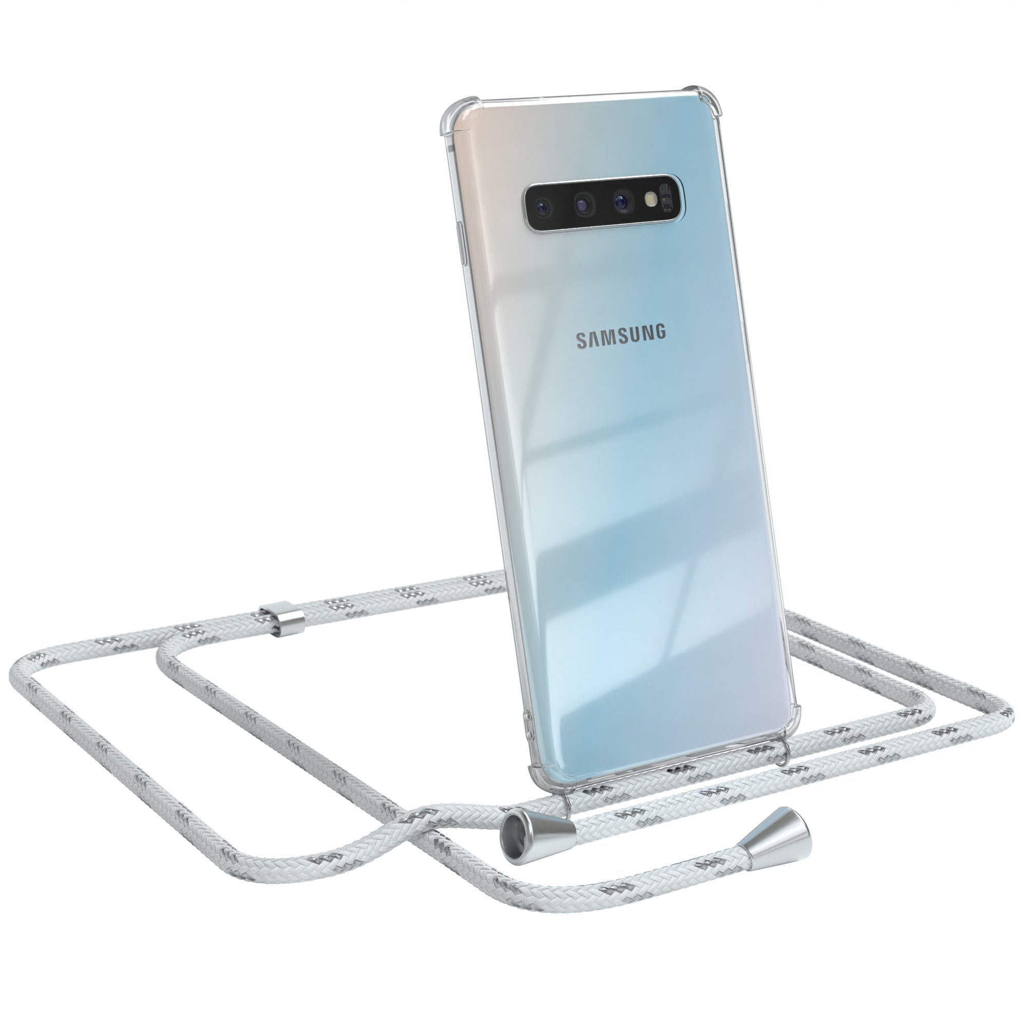 EAZY CASE Handykette Hülle mit Kette für Samsung Galaxy S10 Plus 6,4 Zoll, Hülle Smartphonekette für Unterwegs Festivalhülle Transparent Weiß