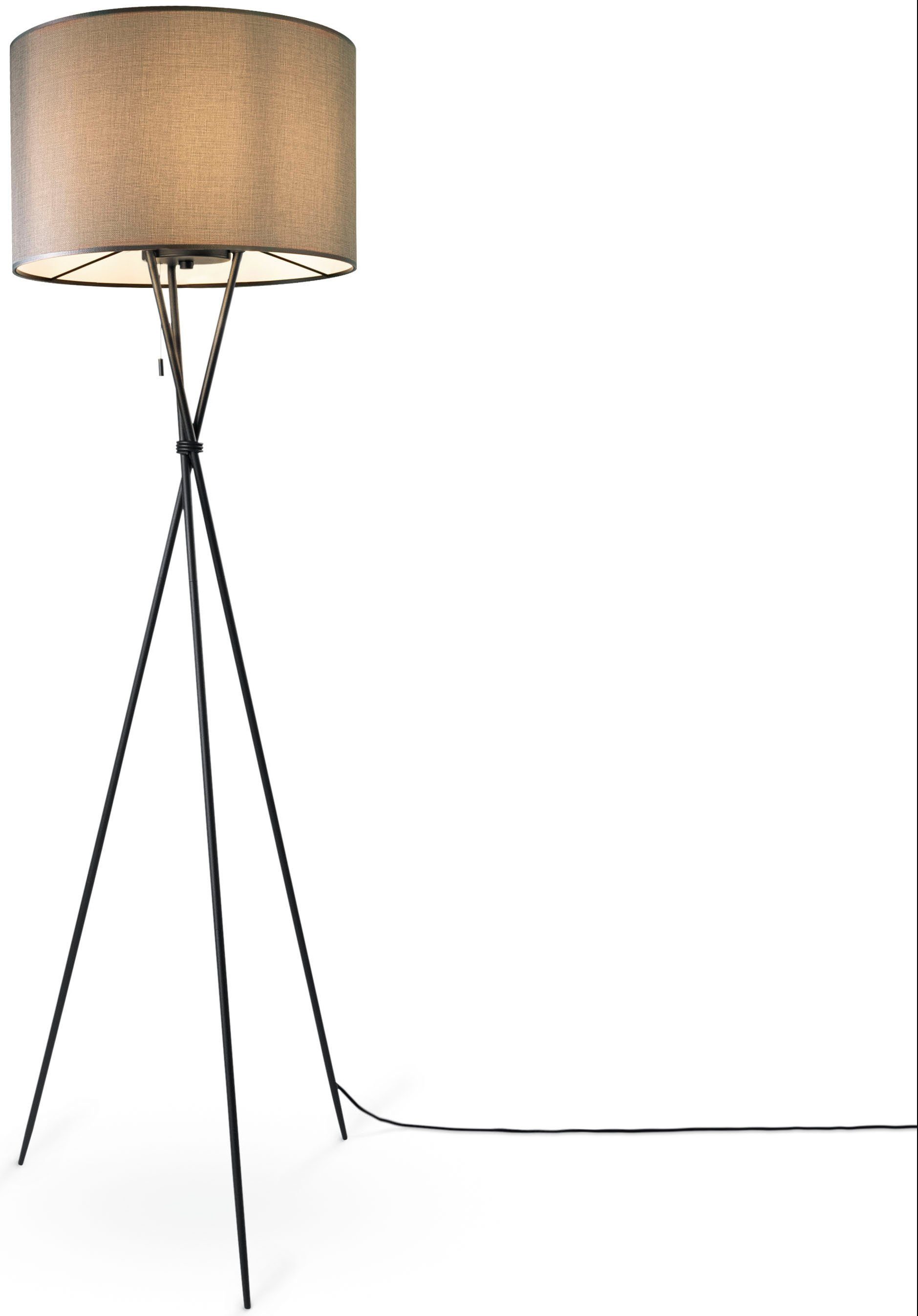 Paco Home Stehlampe Wohnzimmer schwarz Leuchtmittel, Dreibein E27 Stoffschirmlampe ohne CANVAS UNI KATE Textil grau Schirm COLOR, Standleuchte