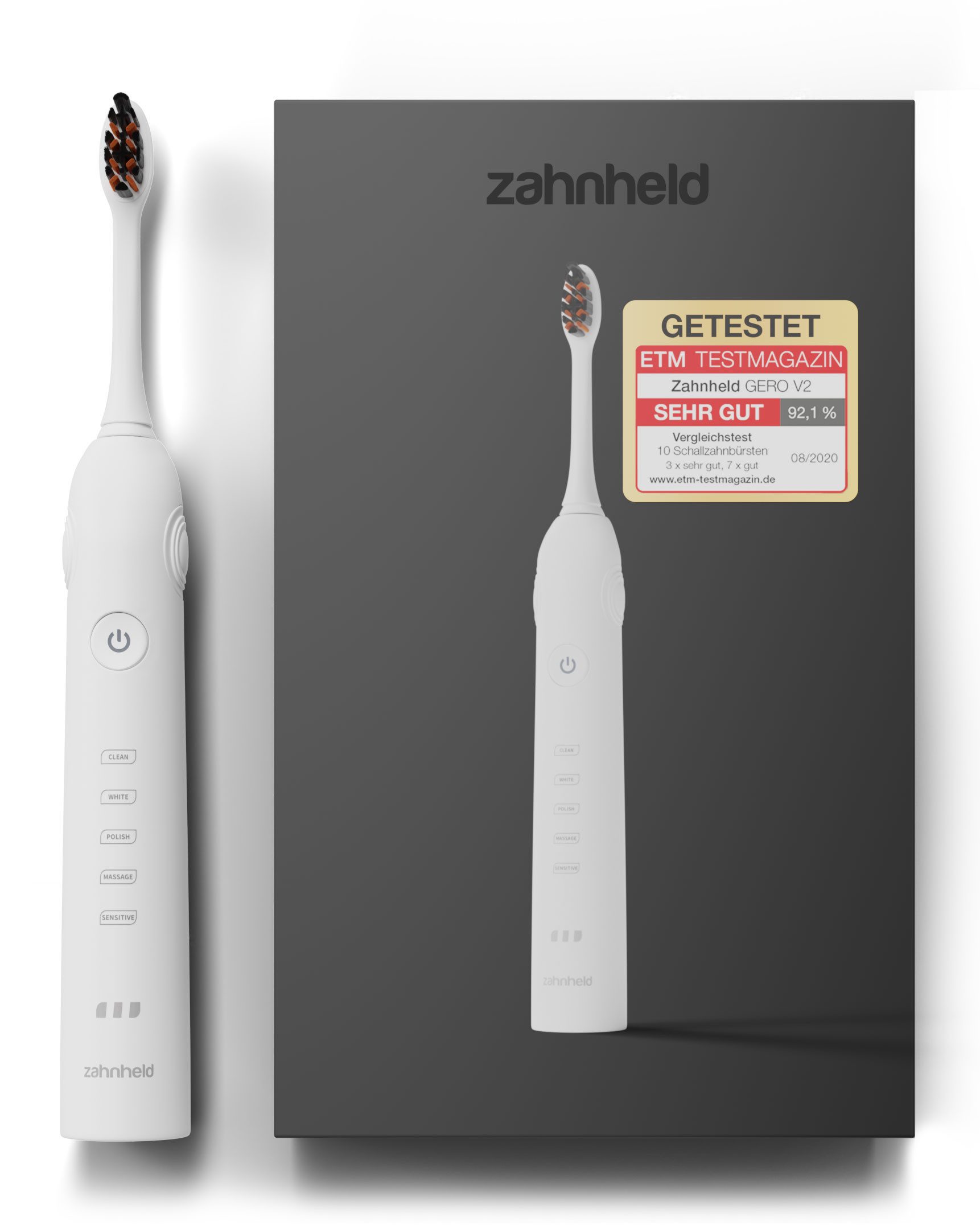 Zahnheld Elektrische Zahnbürste Schallzahnbürste Gero G2 mit Etui weiß, 5 Putzmodi