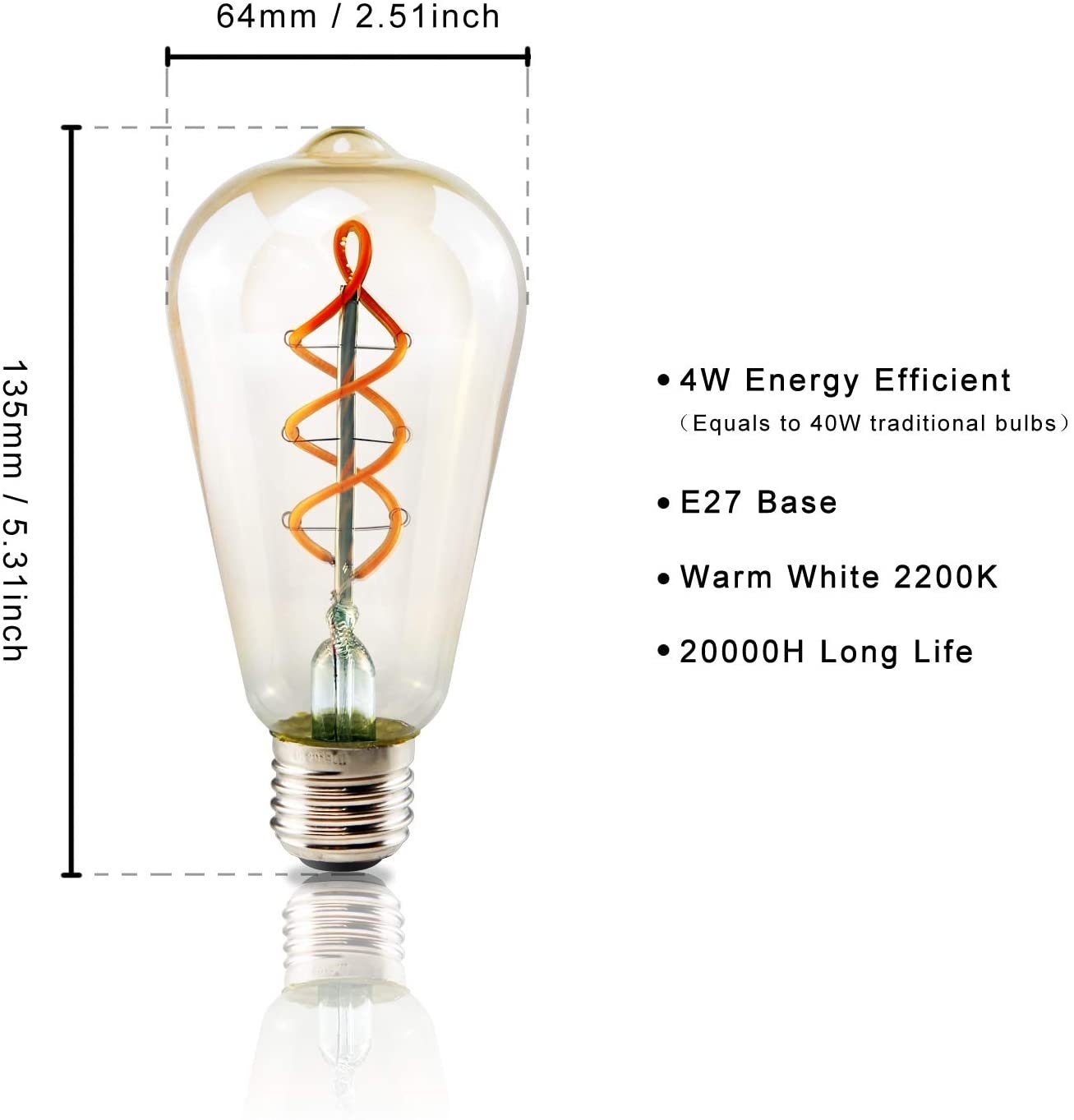 E27 Edison ZMH 1x, Glühbirne LED 2200K, 4W St. ST64 3x, 6x LED-Leuchtmittel A 1 -