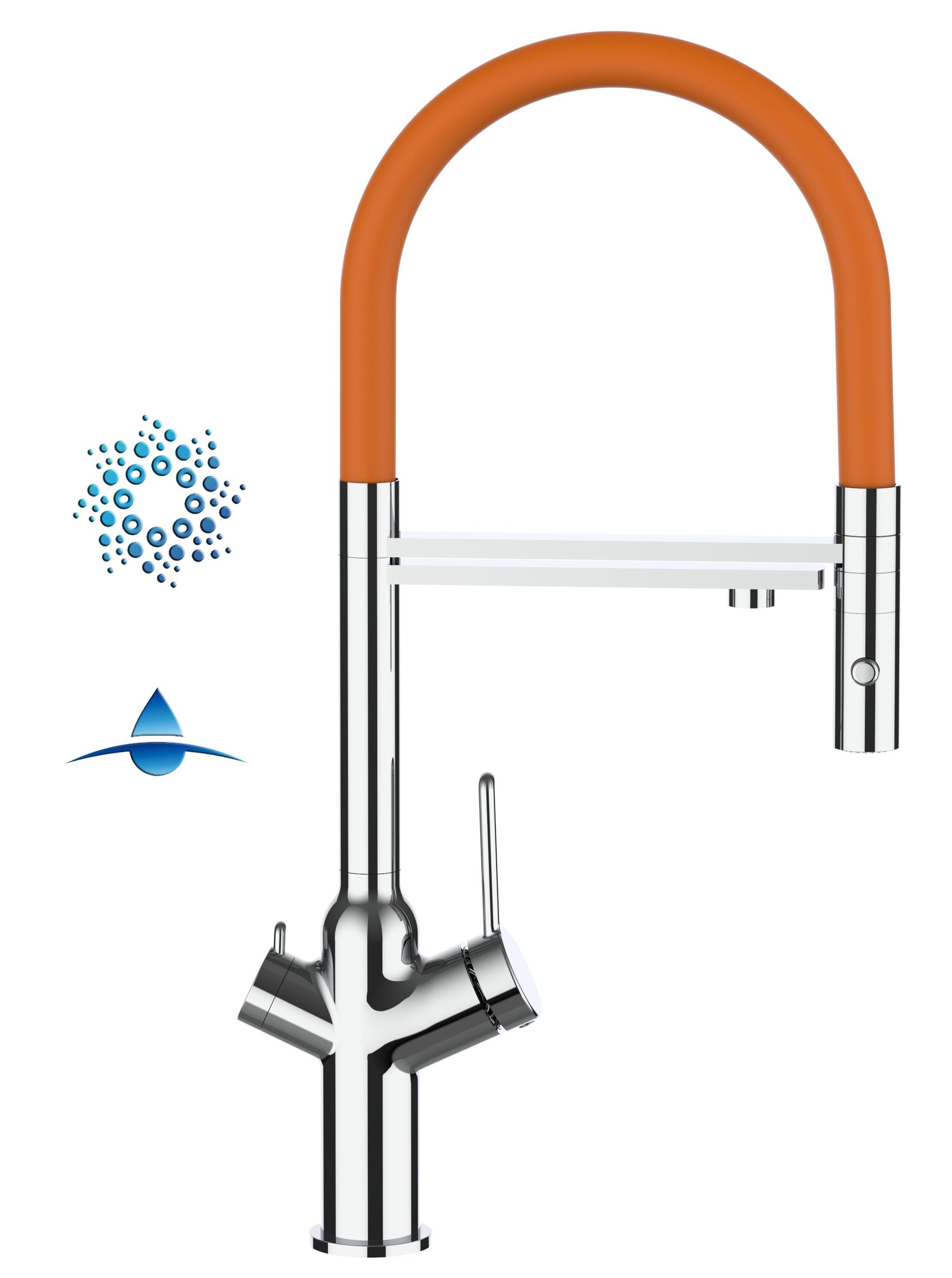 VIZIO Küchenarmatur 4-Wege Küchenarmatur für Sprudelanlagen und Wasserfiltersysteme mit 360 ° schwenkbarem Auslauf und abnehmbarer 2-strahl-Handbrause - Chrom Hochdruck, Hochwertige Verchromung, 4 Wege, Separater Filterwasser-Zulauf mit 2 Wege Umstellventil, Abnehmbare 2 Strahl Brause Orange
