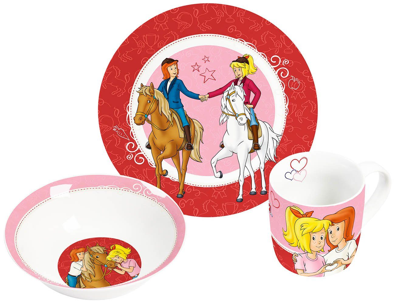 Geda Labels GmbH Kindergeschirr-Set Bibi & Tina 3-teilig (3-tlg), Porzellan, Rosa, 24x9,8x14,5, spülmaschinengeeignet