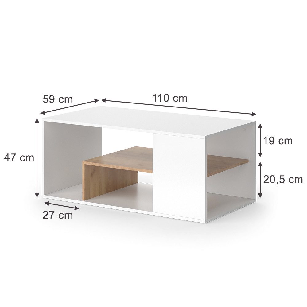 Vicco Couchtisch Edgar, Weiß/Goldkraft Eiche, 110 x 59 cm (1-St)