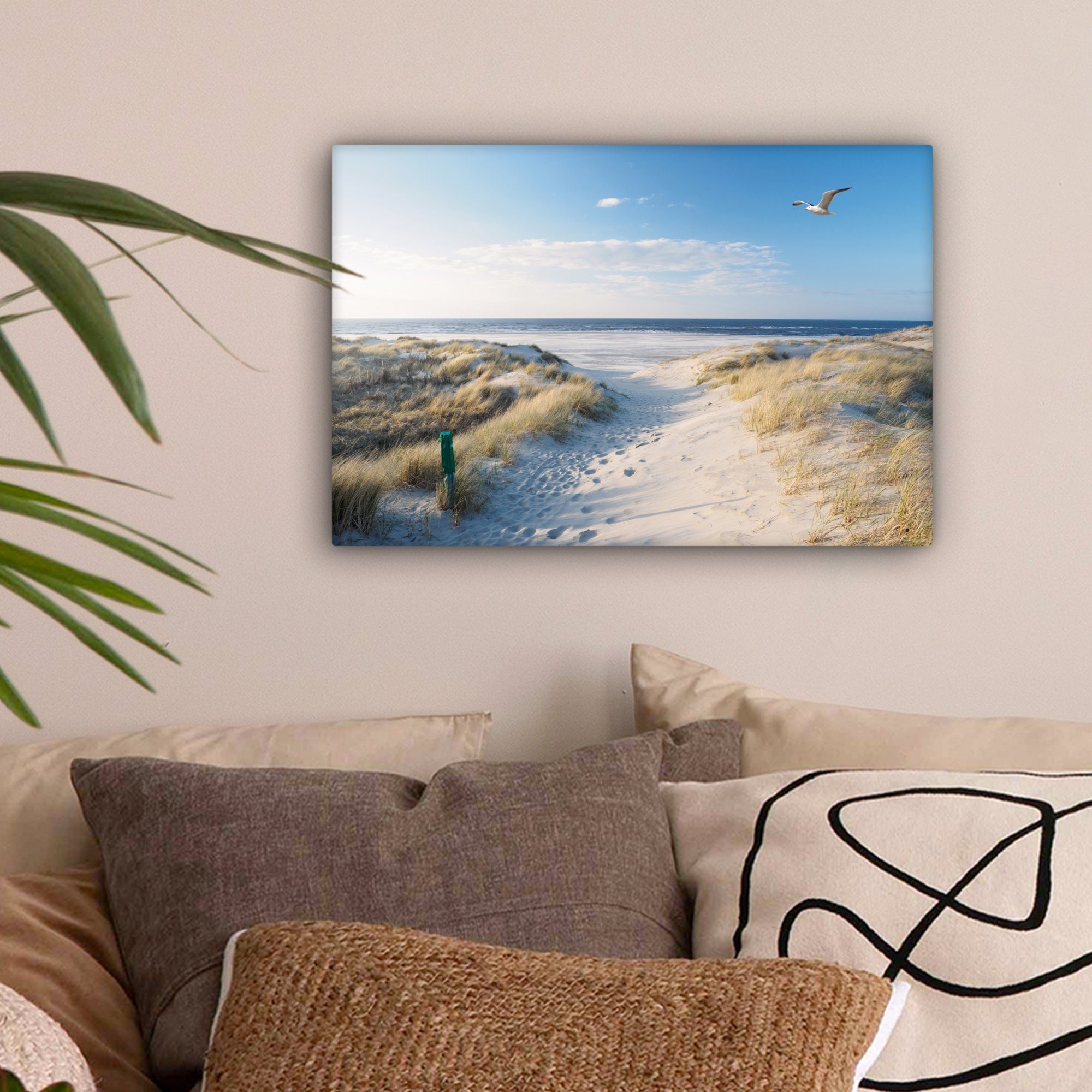 OneMillionCanvasses® Leinwandbild Düne - Möwe - Strand - Meer - Sonne, Fotodruck (1 St), Leinwand Bilder Klein, Wand Dekoration Aesthetic 30x20 cm