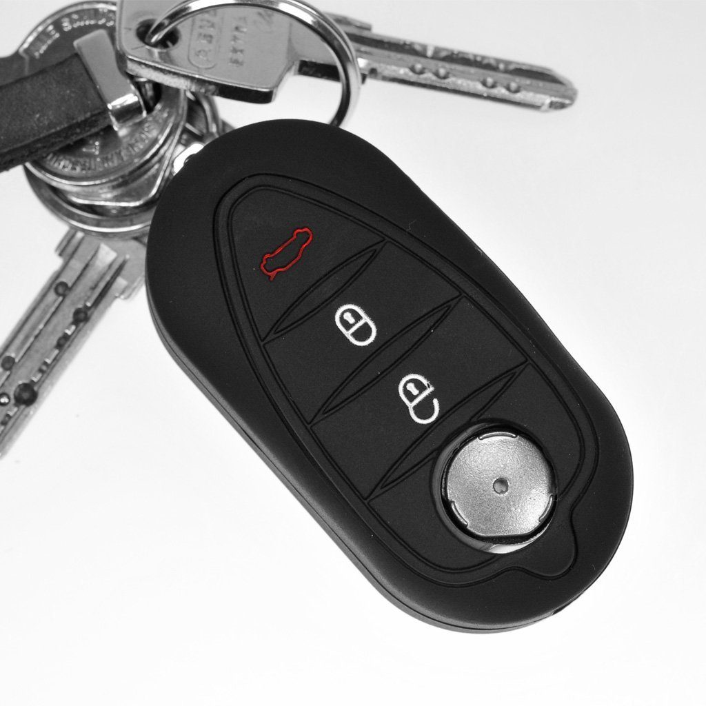 mt-key Schlüsseltasche Autoschlüssel Silikon Romeo für ab 2008 mit passendem Schlüsselband, 4C 940 ALFA Schutzhülle Mito Giulietta Schwarz Tasten 3 Klappschlüssel