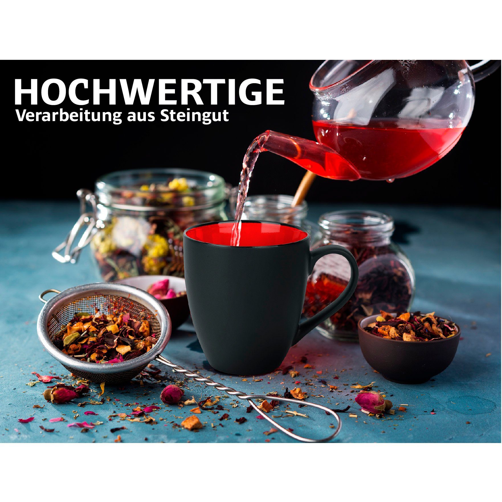 MiaMio Tasse MIAMIO - 6 x 350 ml Kaffeetassen Set Außen Schwarz Innen Farbig