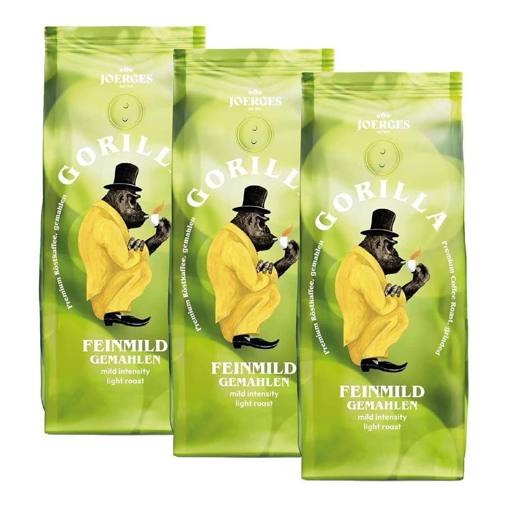 Gorilla Kaffee Kaffeepulver Feinmild gemahlen mild leicht geröstet, 3 x 500 g, 100% Arabica-Bohnen