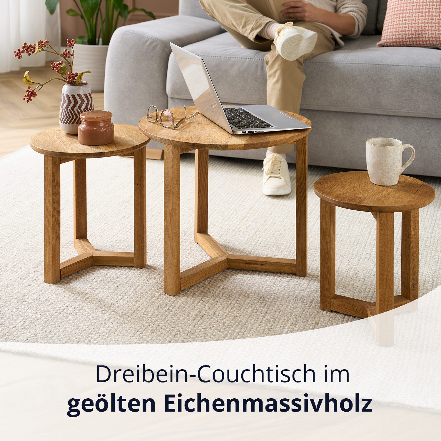 KHG Couchtisch 3er Set geöltes Massivholz Eiche runde Tischplatte (Kufen-Gestell klassisches Sofatisch-Set belastbar 50 kg, langlebiges Holz rustikales Design p – Bild 4 von 5
