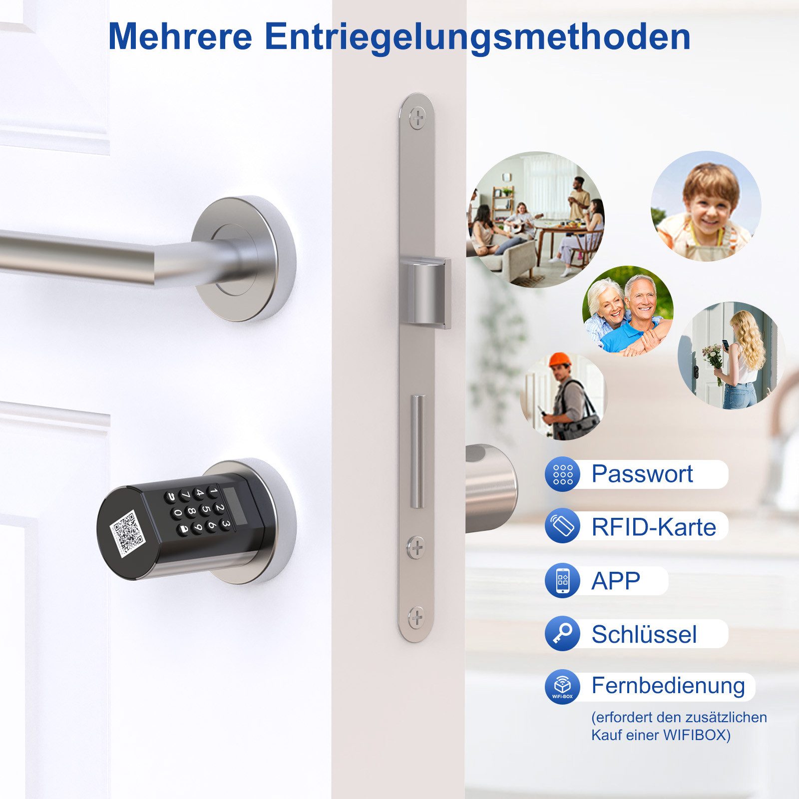WE.LOCK Türschlossantrieb WELOCK Elektronisches Türschloss PCB10KEY72 für 95-130mm Türen, (Packung, Türschloss x1, RFID-Karte x3, Schlüssel x2, Anleitung x1,Zubehörbox x1), Dauer-/Temp-Passwort, RFID, App, Schlüssel, Fernöffnung