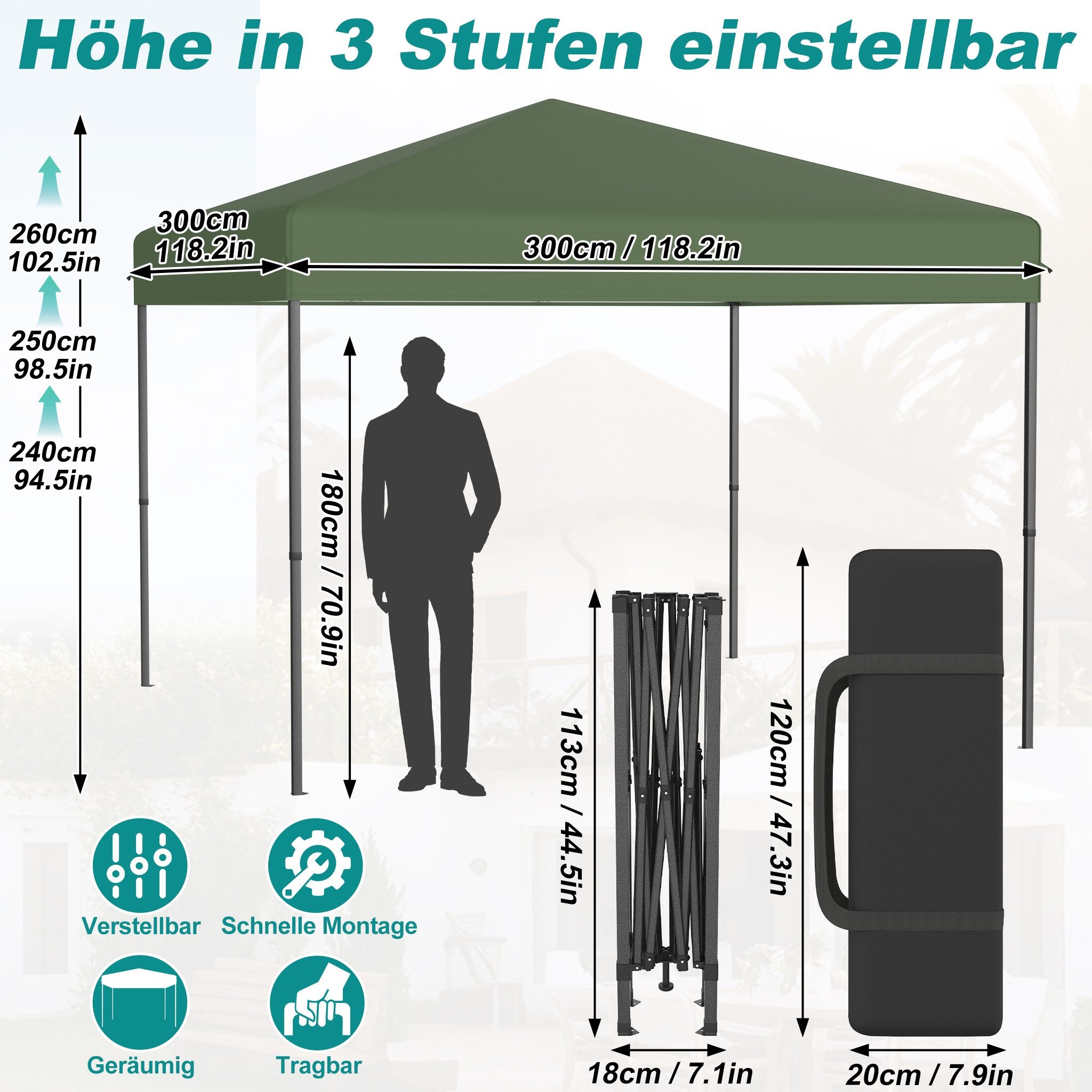 FIVMEN Partyzelt Pop Up Faltbar 3x3m für Garten Winterfest Faltpavillon Stahlrahmen, UV Schutz Camping Party, Hochzeit Höhe Verstellbar 240-260cm