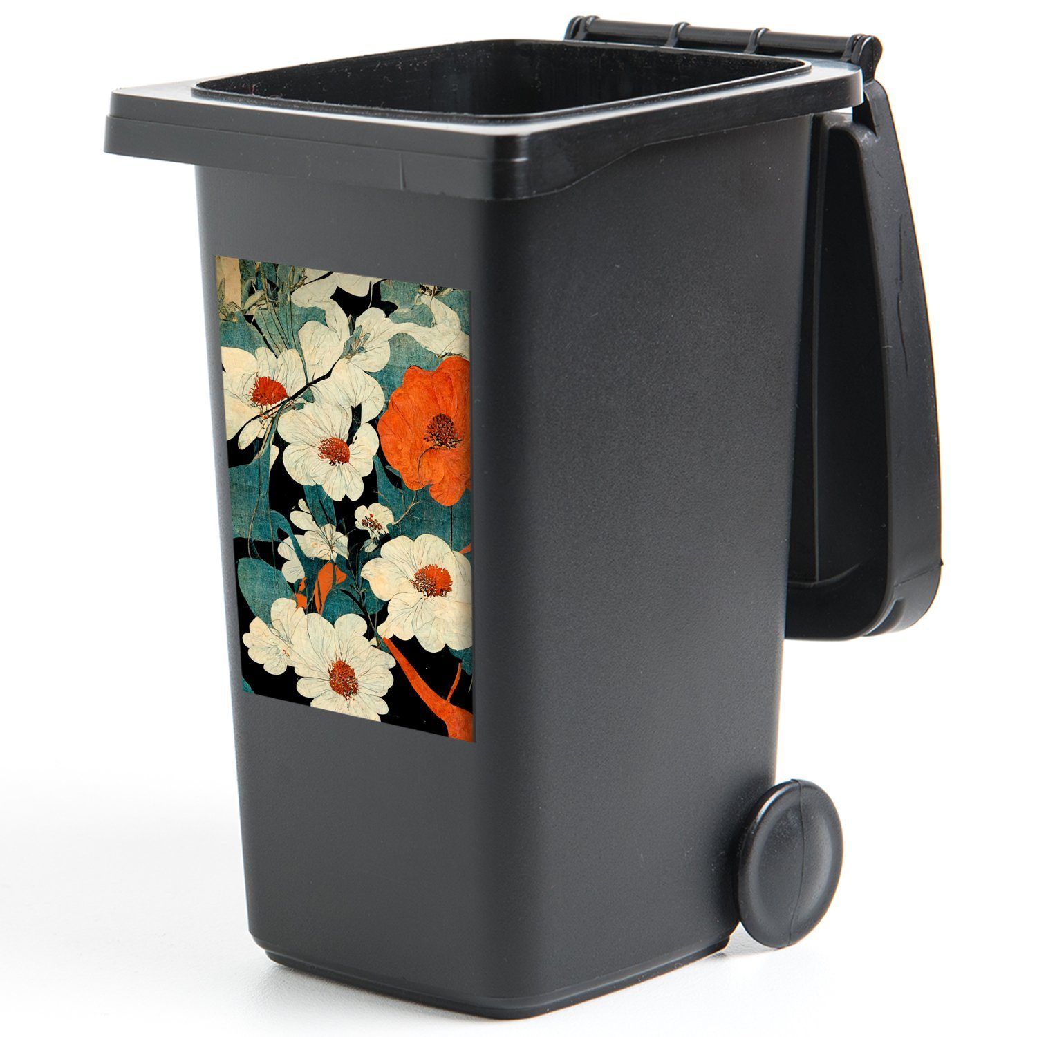Mülleimer-aufkleber, - MuchoWow Wandsticker Orange Mülltonne, - Sticker, (1 St), - - Vintage Asien Abfalbehälter Pflanzen Container, Blumen