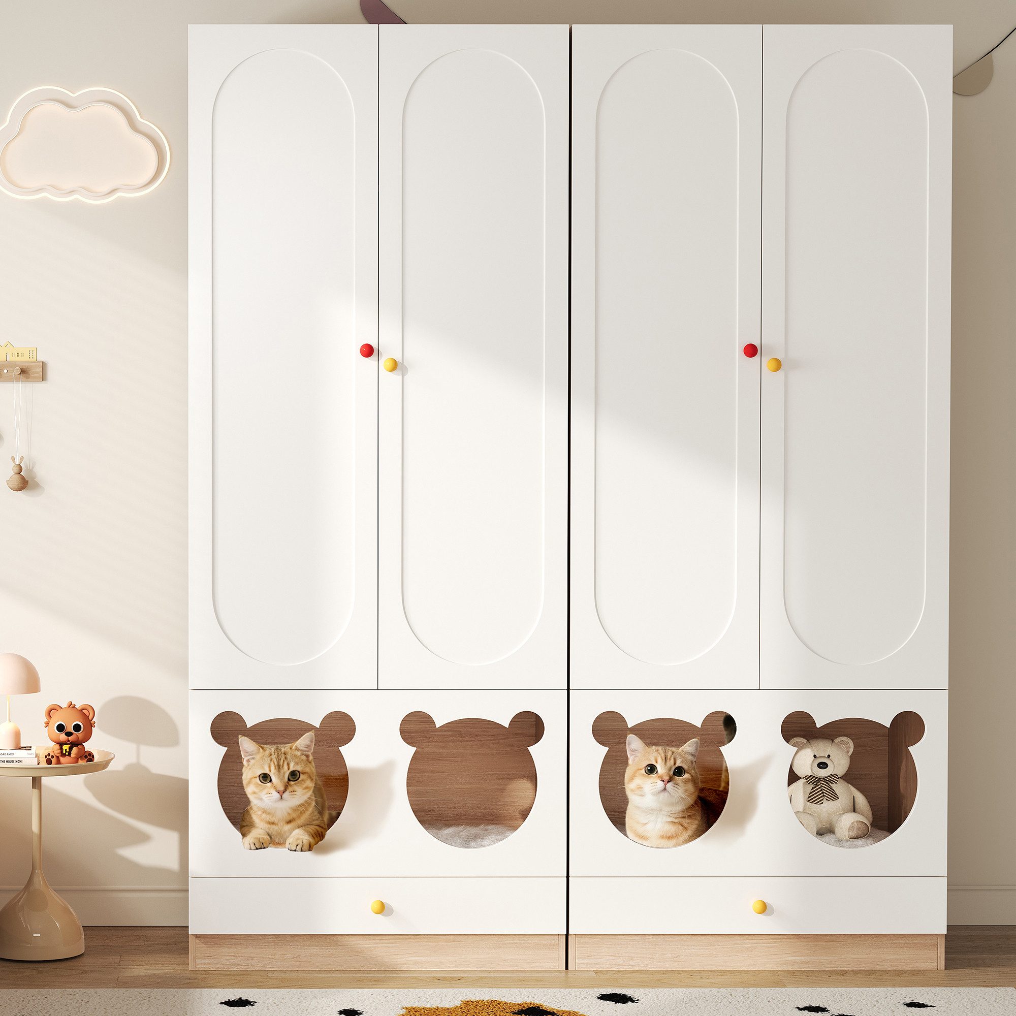 STILVORA Kleiderschrank mit Katzenbett,2er-Set Kinderkleiderschrank Garderobe mit Bügelstange (Flurschrank, 2-St., mit Bügelstange, Katzenbett) Lackierte Platten + Spanplatte, bunte Keramikgriffen