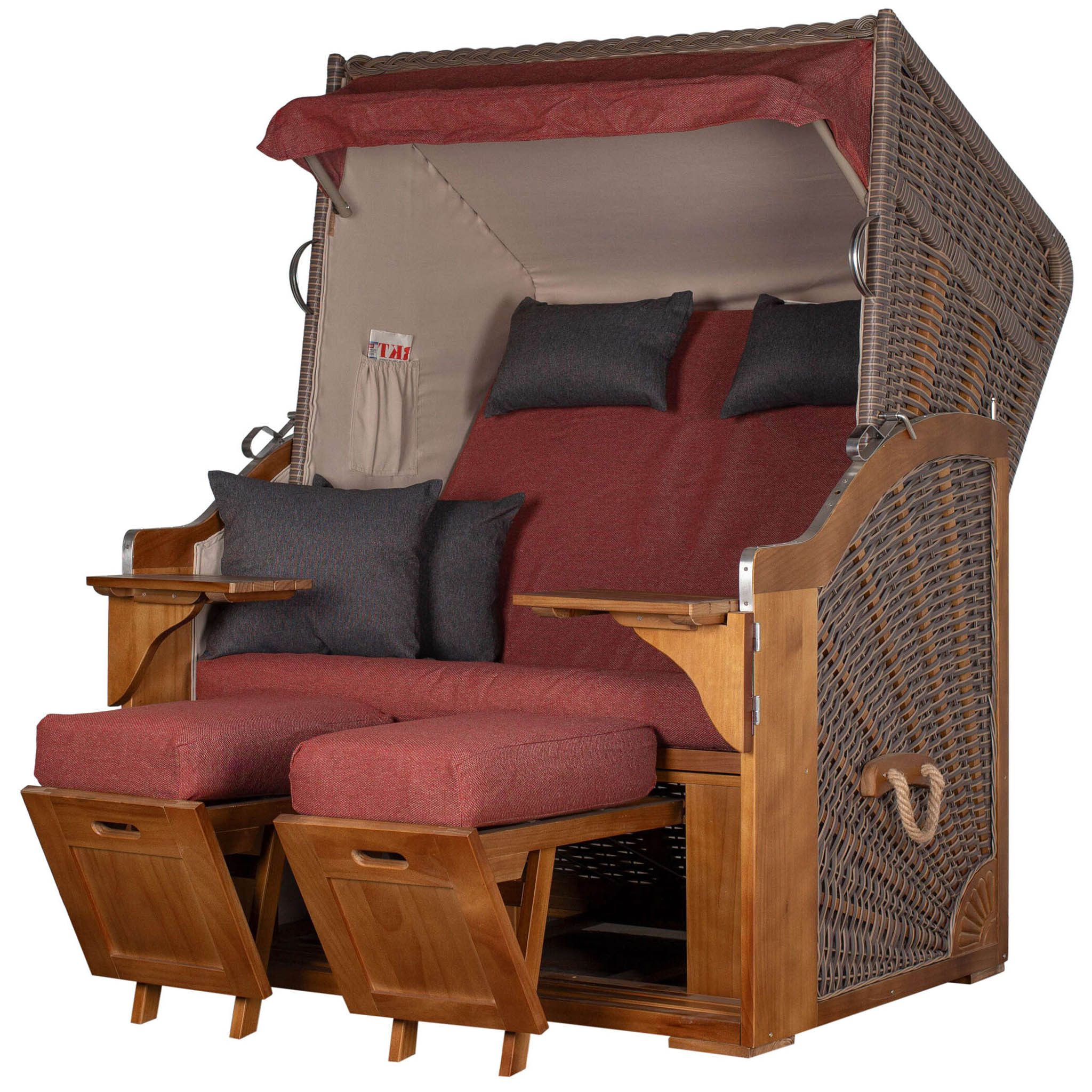 bene living Strandkorb Schleswig Pinie 2-Sitzer - PE mokka - Modell 566, BxTxH: 120x80x160 cm, Volllieger, Ostsee-Strandkorb, (Strandkorb-Komplettset, 4-tlg., Strandkorb, Schutzhülle, Doppellenkrollen und Glas-/Becherhalter), inkl. Windschutzfolie, Bistrotischen und bequemer Polsterung