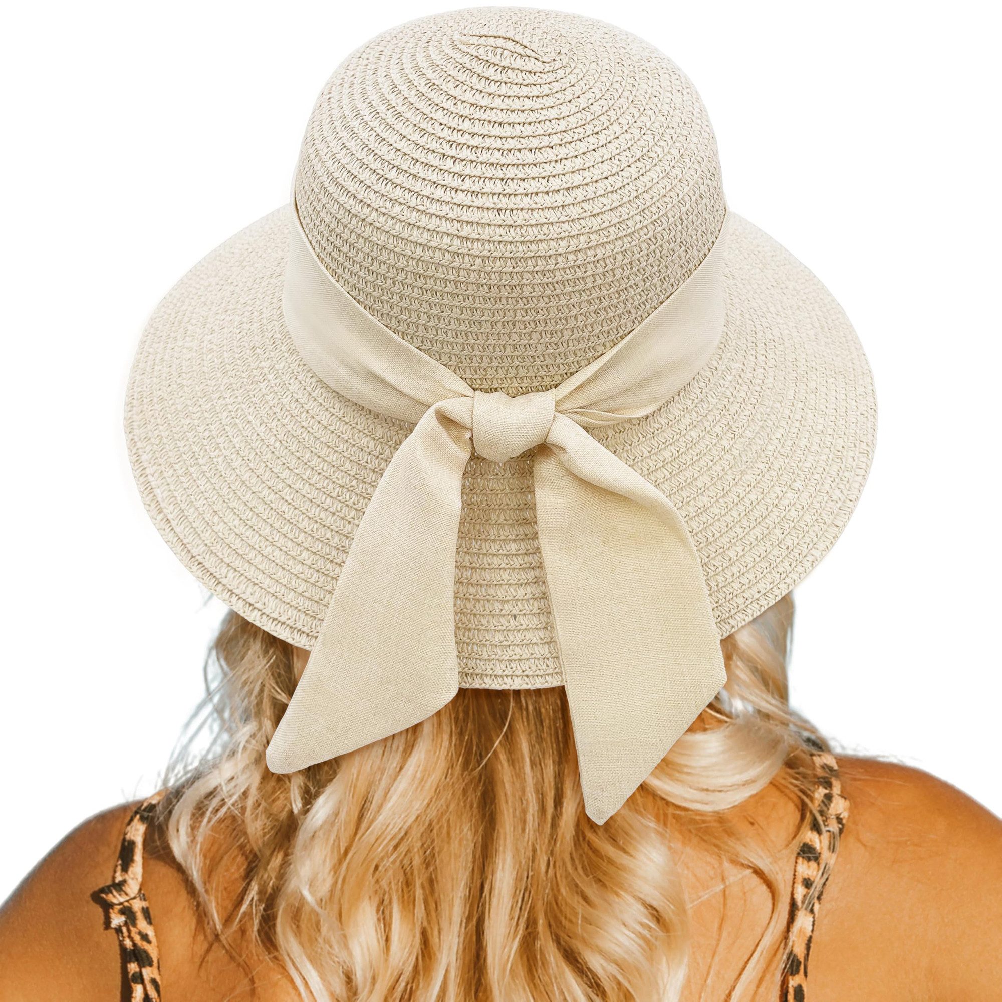 nsihing Strohhut Damen Sonnenhut mit Sonnenschutz, Sommer-Strandhut, Hut mit Schleife, ideal für Strandurlaub und Reisen