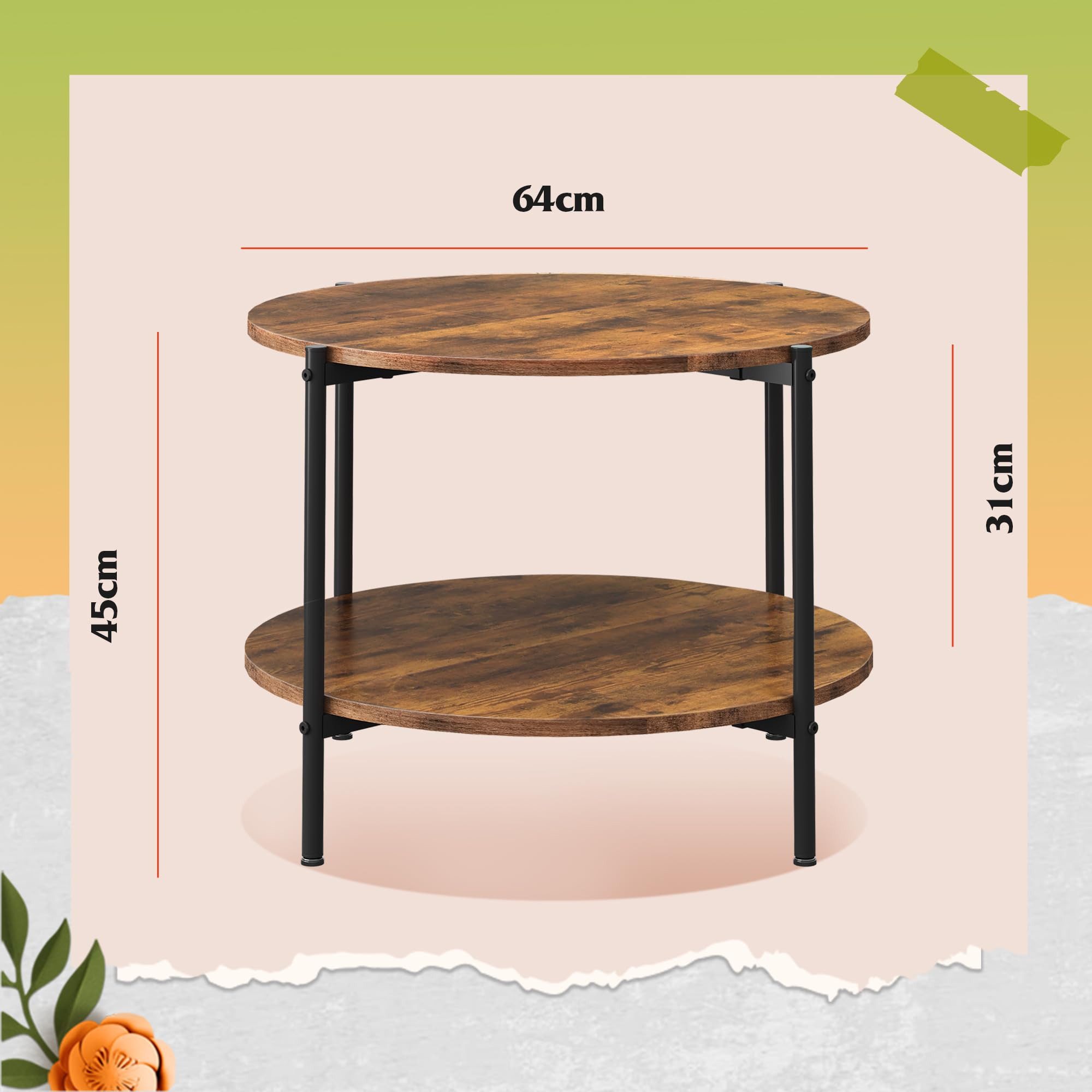 WLIVE Couchtisch Couchtisch rund mit 2 Ebenen, Beistelltisch Holz mit Metallgestell (Packung, 1 Tisch), Wohnzimmertisch mit Metallrahmen, für Wohnzimmer, Schlafzimmer