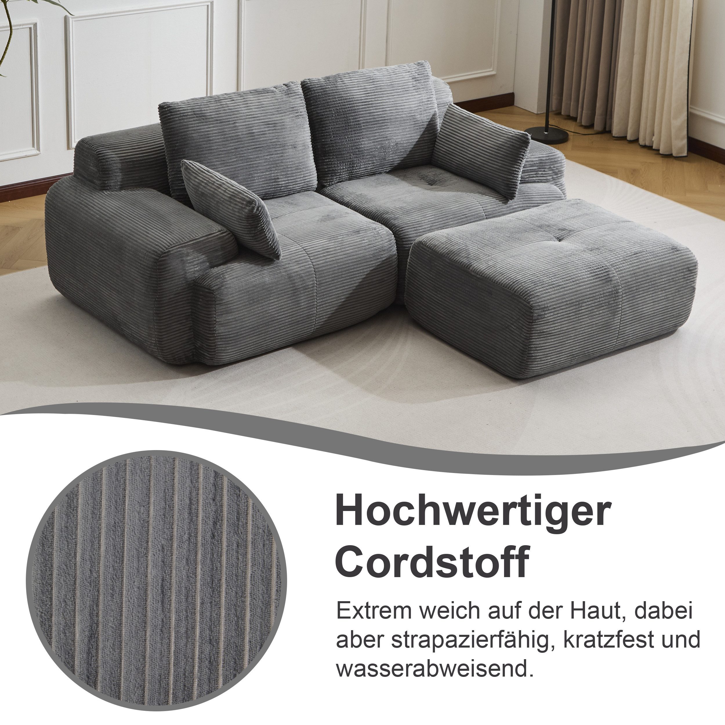 Leawin Sofa 2-Sitzer Sofa ohne Montage, Cordstoff, ergonomisch & platzsparend, Modulares Sofa mit 32D Polsterung für Wohnzimmer & kleine Räume