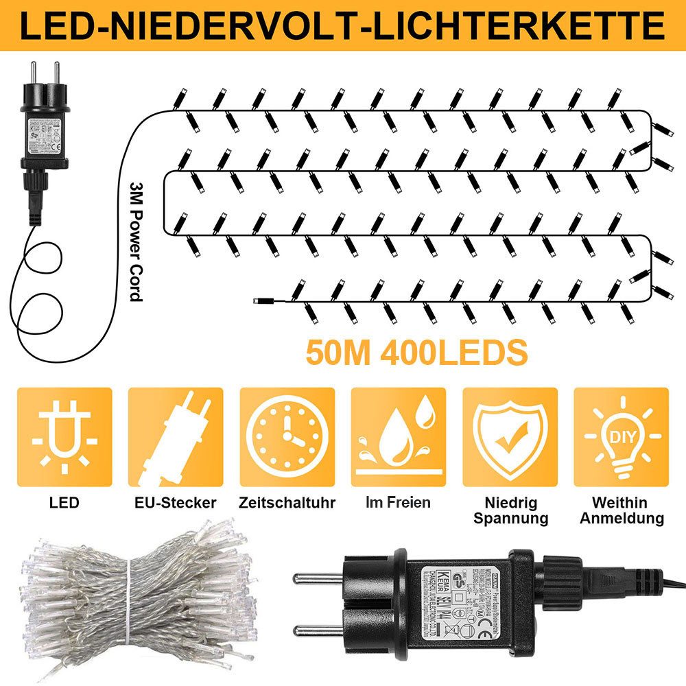 Rosnek Lichterkette 20M/30M/50M/100M 31V DC LED-Lichterkette, Timer, Speicherfunktion, 8 Modi für Zuhause Garten Hof Hochzeit Weihnachtsfeier Feiertag – Bild 2 von 5