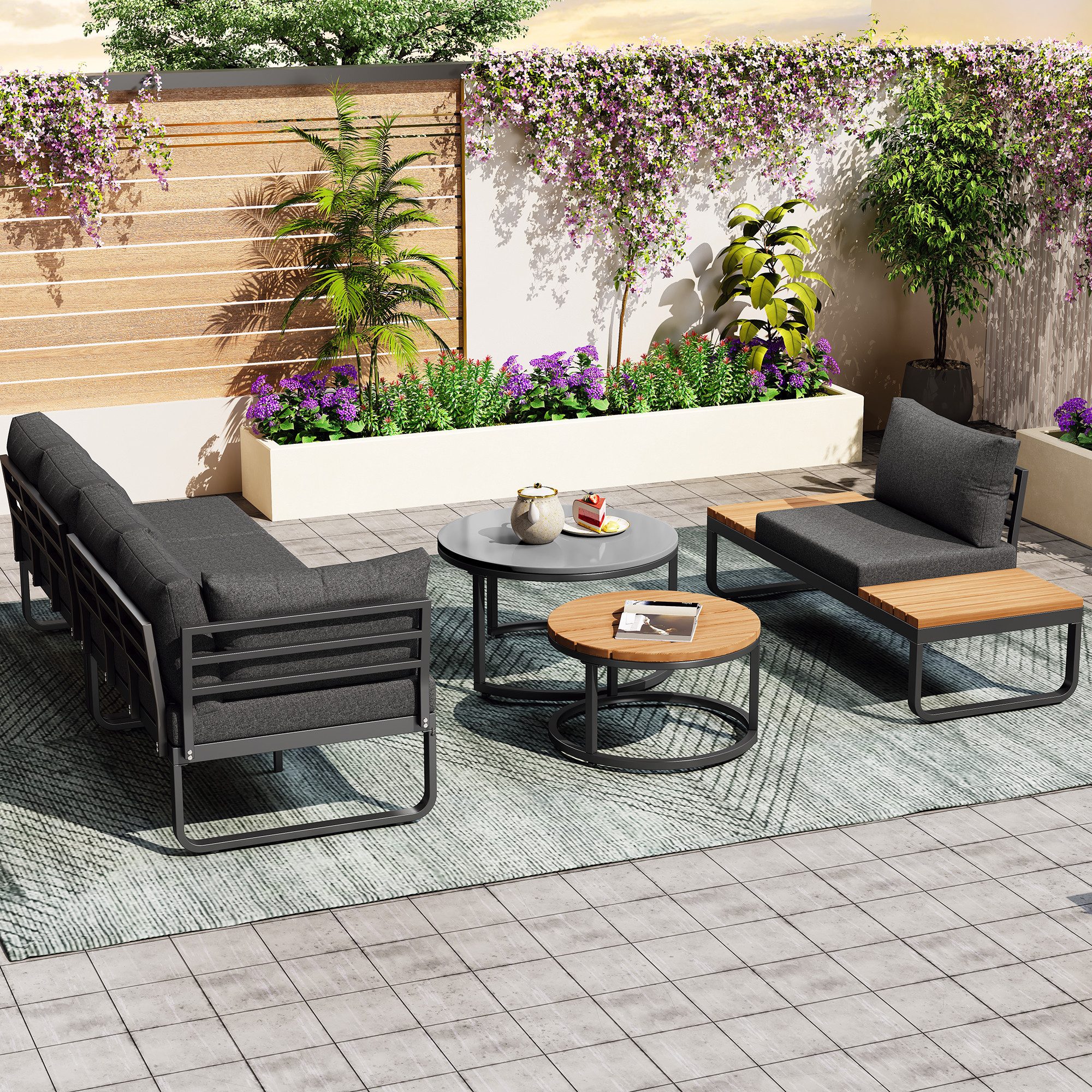 OKWISH Gartenlounge-Set 4-5 Personen Gartenmöbel-Set, 2 Couchtische, verzinkter Eisenrahmen, (Gartenmöbel-Set für 4-5 Personen – 2 Stapelbare Couchtische, Ergonomisches Sofa mit verstellbaren Füßen, Rostfreier Eisenrahmen, Bequeme Kissen und Graue Polster – Perfekt für Garten, Balkon & Terrasse), mit Relaxfunktion