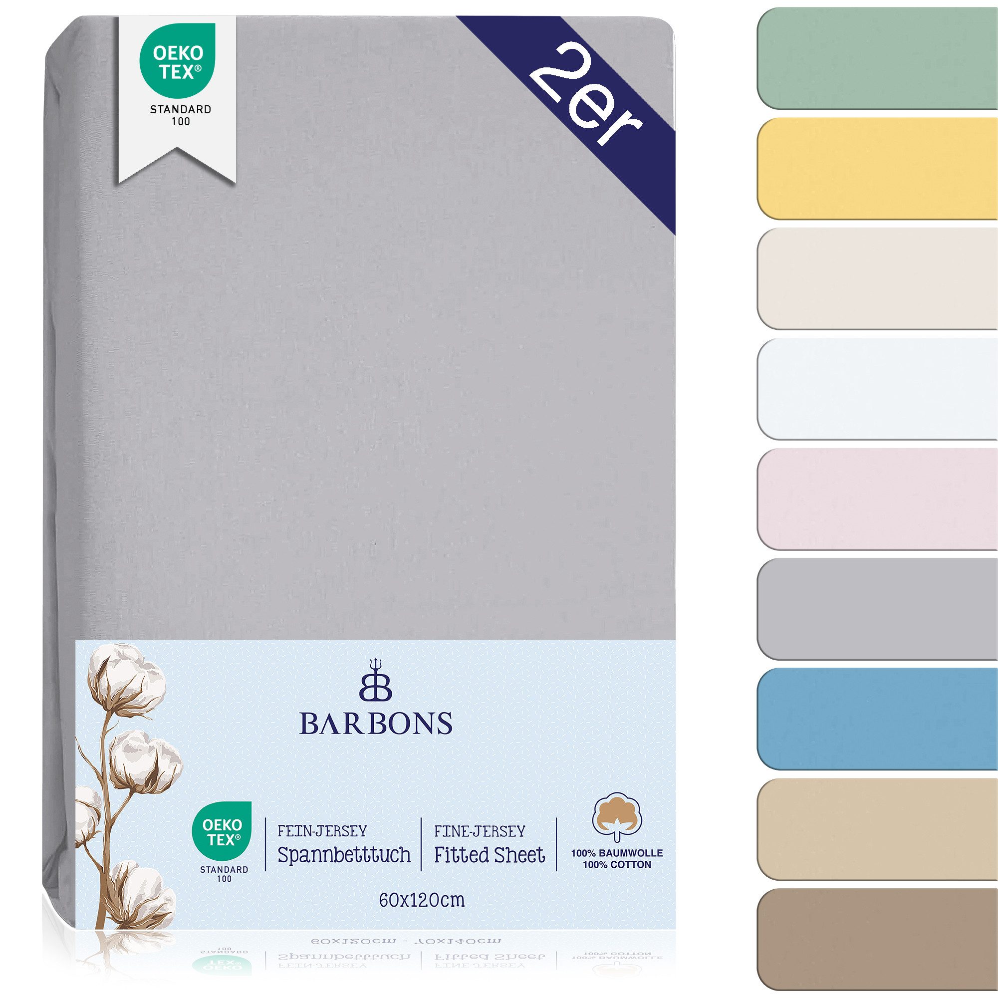BARBONS Spannbettlaken 60 x 120 für Baby, 70 x 140 Jersey Bettlaken Babybett, Kinderbett, (2 Stück), 100% Baumwolle