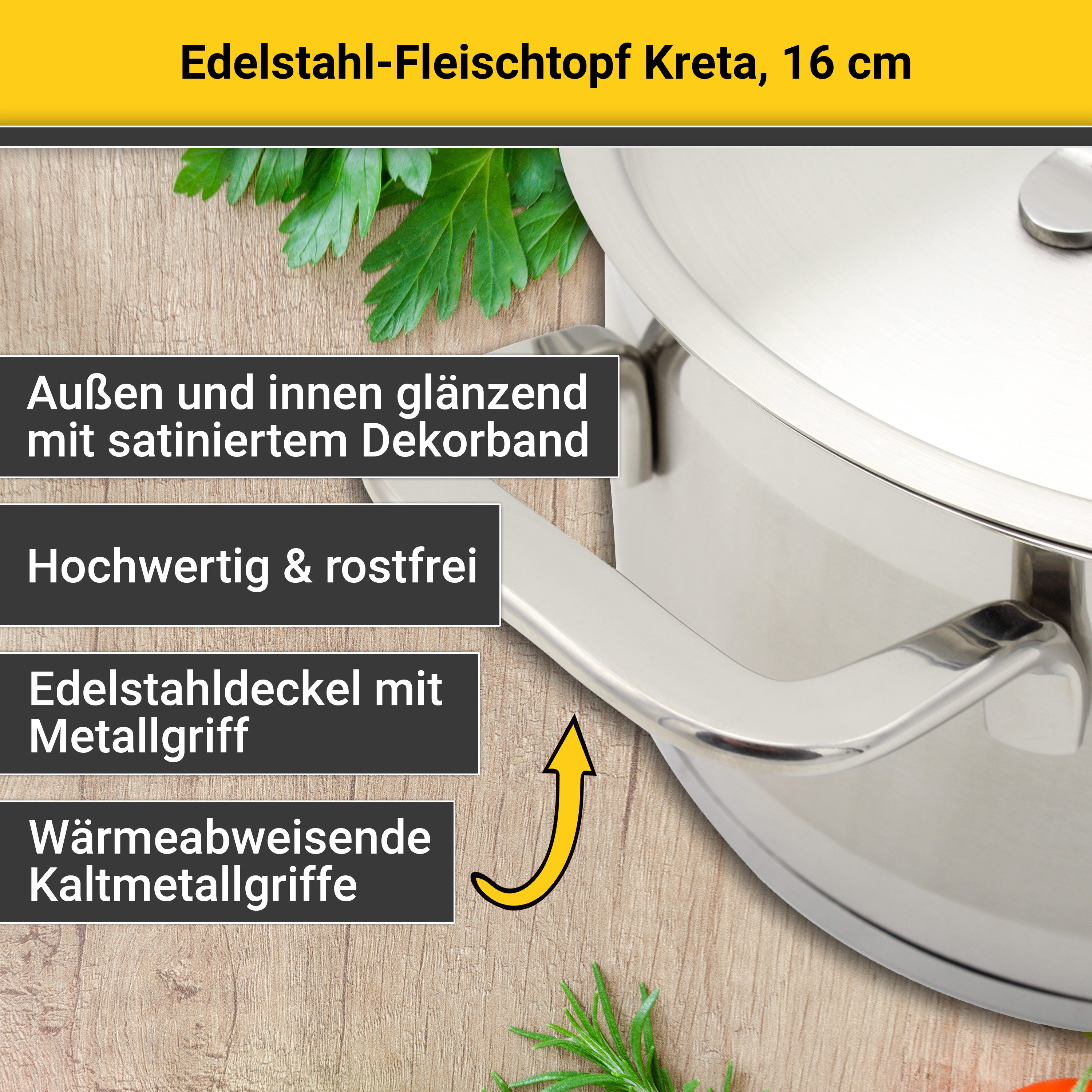 Krüger Fleischtopf Kreta, Edelstahl 18/10 (2-tlg), mit Edelstahldeckel, für Induktions-Kochfelder geeignet