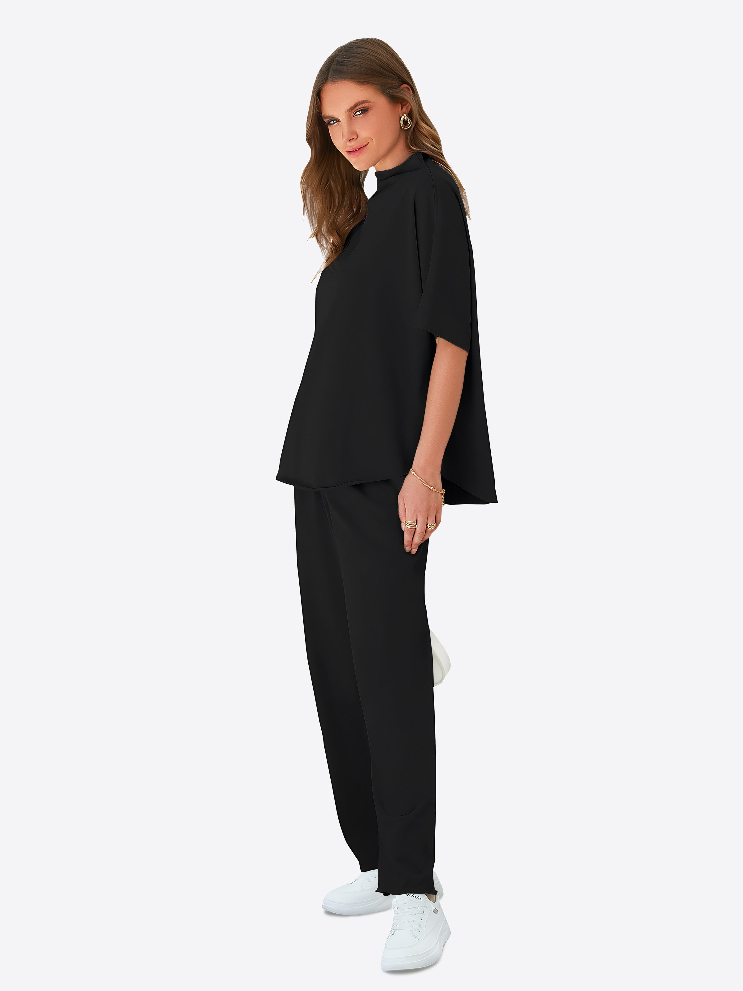 Imily Bela Hausanzug Damen Lounge-Set (Set, 2 tlg., Pullover-Oberteil mit 3/4-Fledermausärmeln + weite Hosen) Einfarbig – Bild 4 von 5
