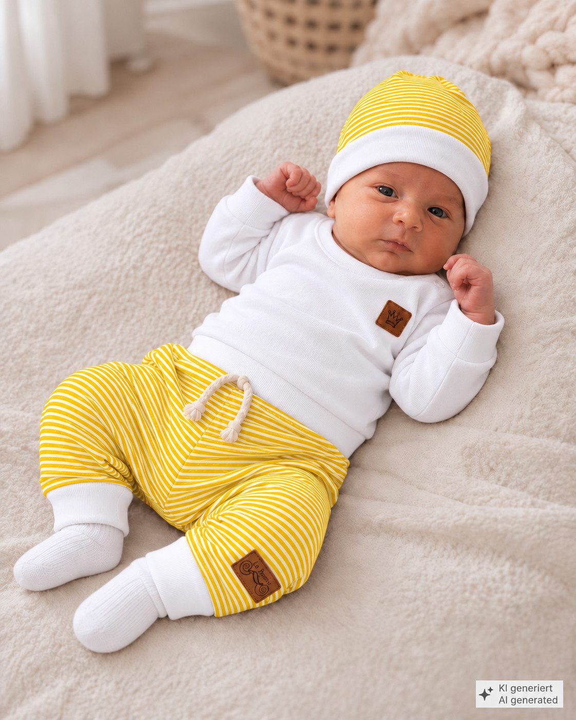 La Bortini Erstausstattungspaket Baby Anzug Langarmshirt Hose Mütze Socken neutral in weiß grau (Erstlingsset für Neugeborene, 4-teilig, für Jungen und Mädchen) gestreift, unisex, 44 50 56 62 68 74 80 gelb, grau, weiß