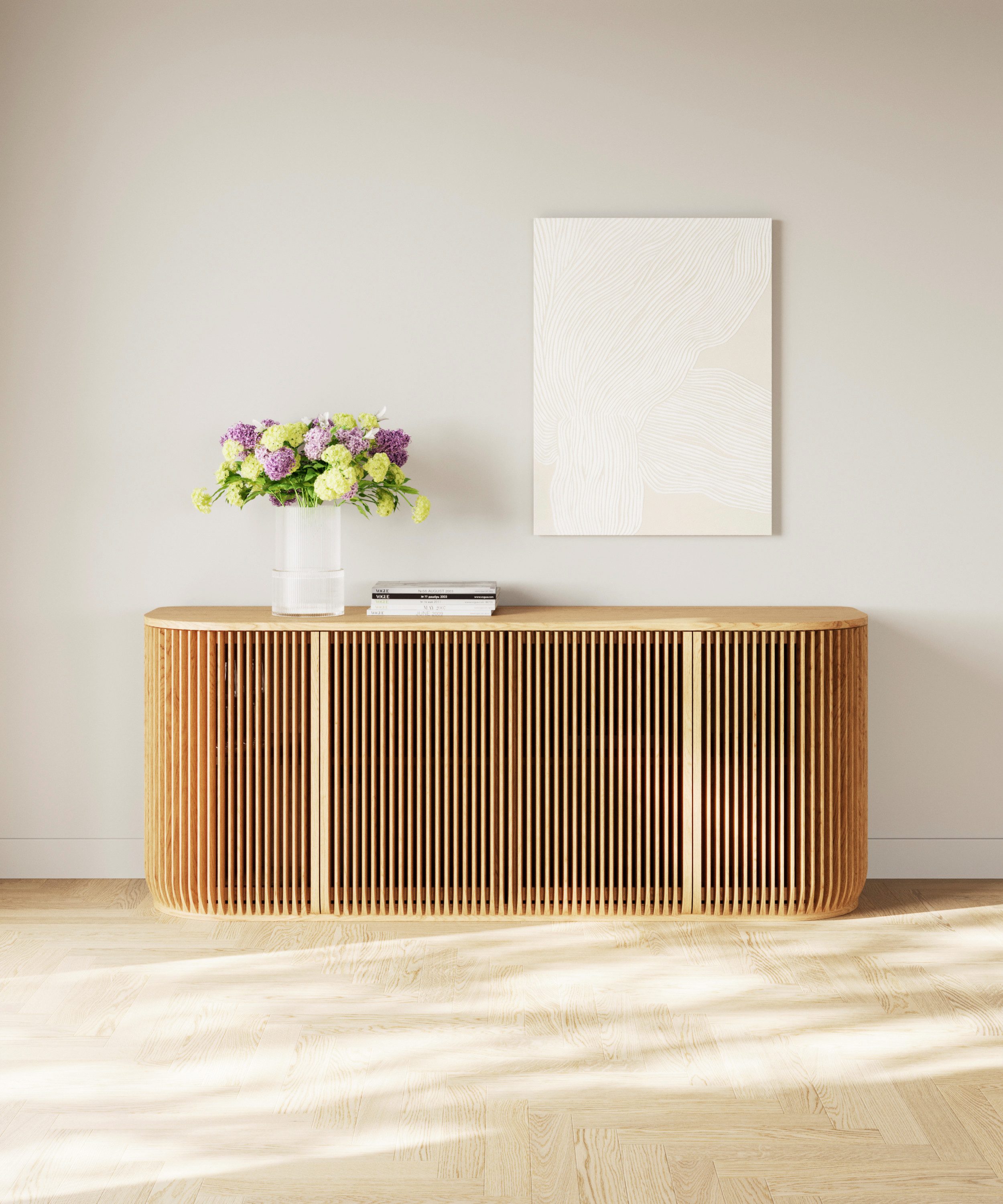 Woodek Design Sideboard FRANZ aus massiver Eiche und Eichenfurnier, natur matt lackiert (natur matt lackiert, 1 St., Türen mit Soft-Close-System), Breite 175 cm, Höhe 69 cm, Tiefe 45 cm