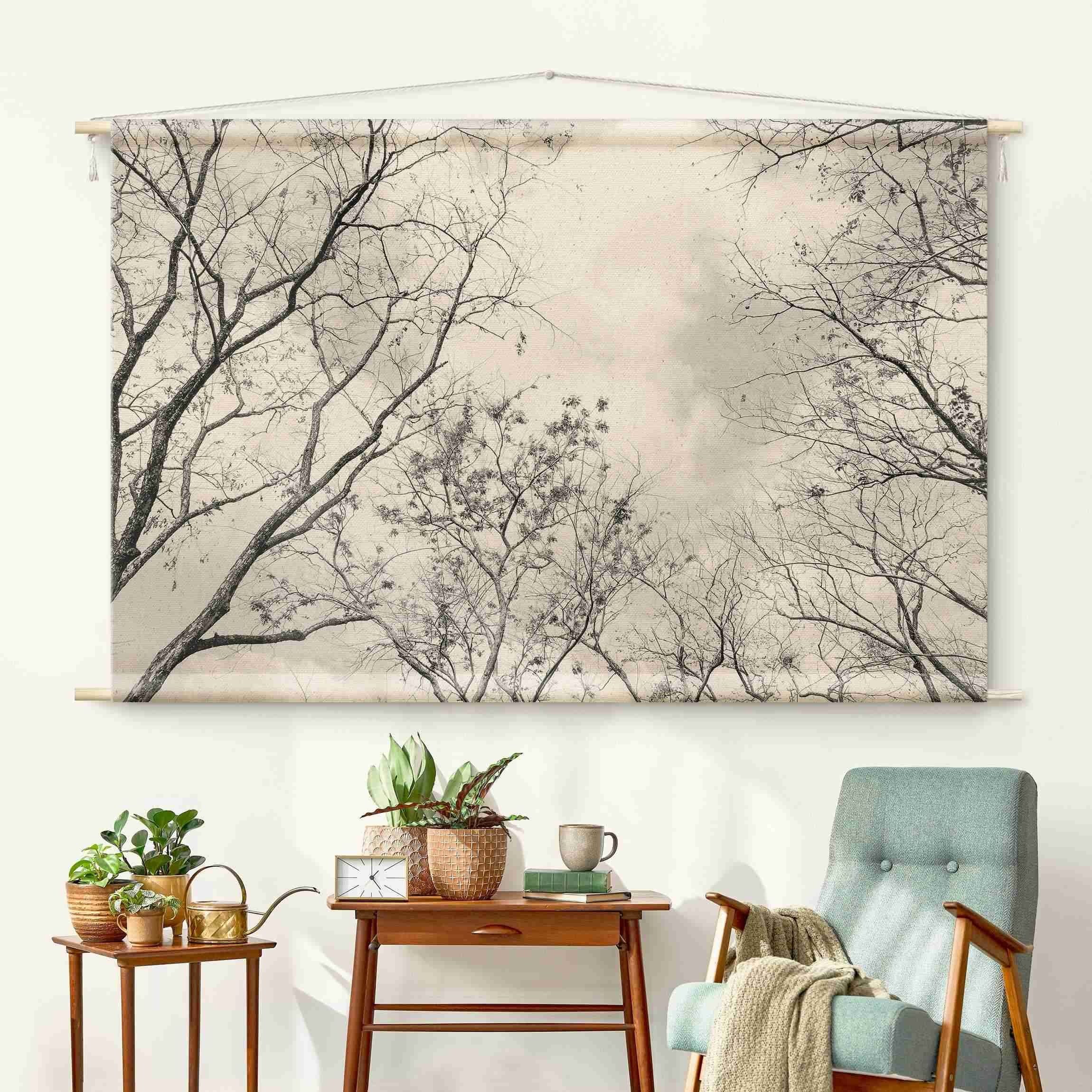 Bilderdepot24 Wandteppich modern Wald Gräser Natur grau, rechteckig, Höhe: 2.6 mm, großes Wandbild aus Natur-Baumwolle Wandbehang Stoffbild Tuch Wollseil