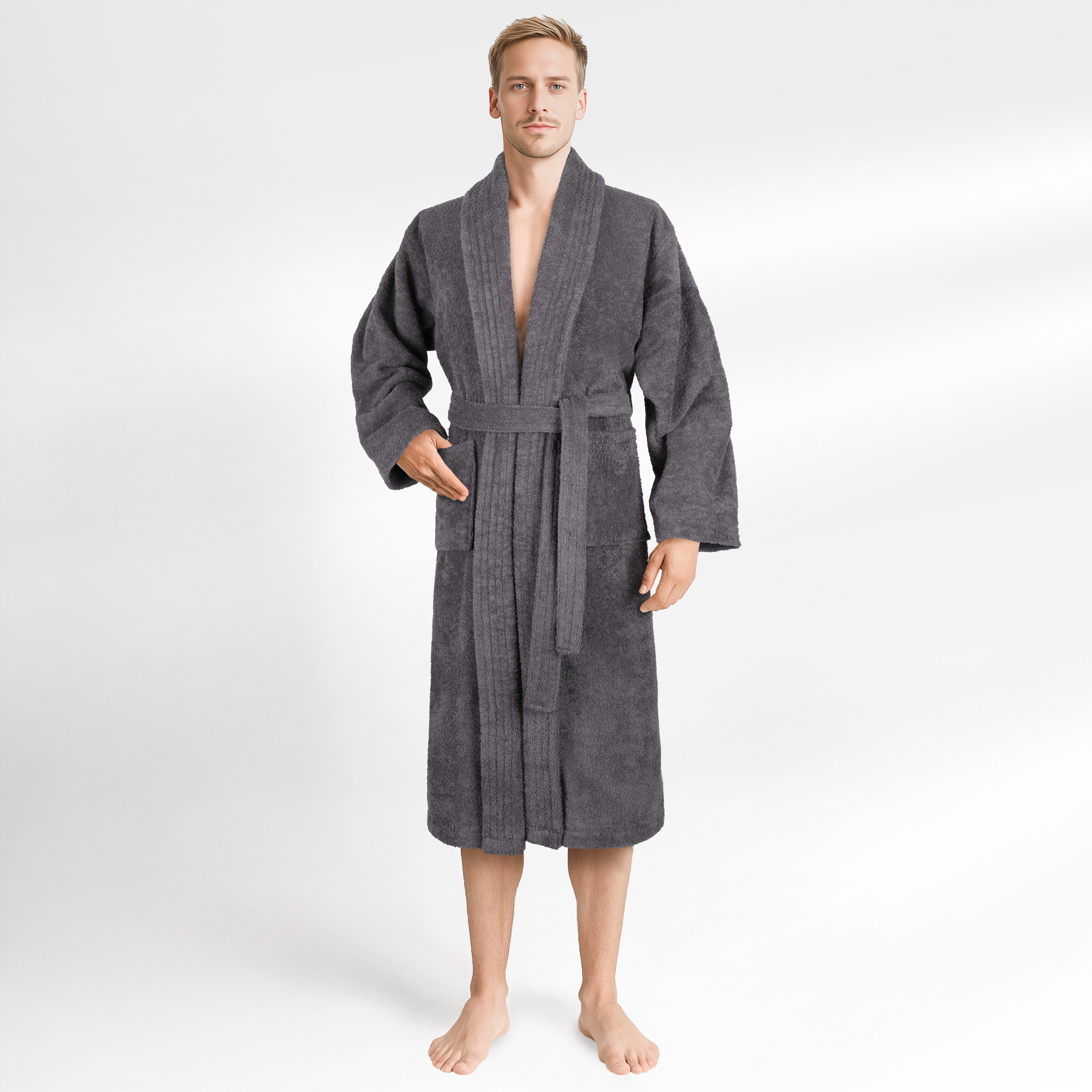 HAMMETEX Herrenbademantel hergestellt aus 100% Baumwolle – 380 g/m² Frottee, mit Taschen, Langform, Baumwolle, Schalkragen, Gürtel, saugfähig & Weich