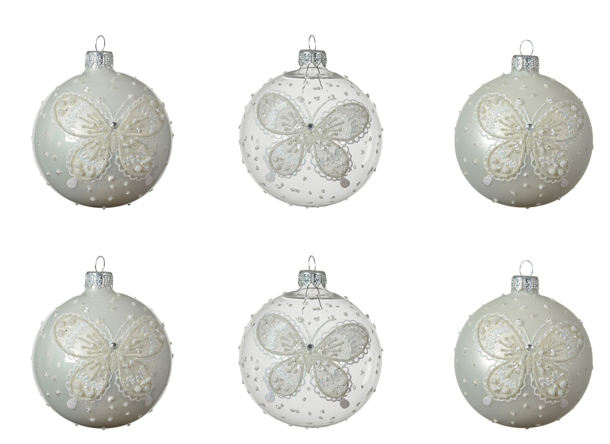 Decoris season decorations Weihnachtsbaumkugel, Weihnachtskugeln Glas mit Motiv Schmetterling 8cm klar / weiß, 6er Set