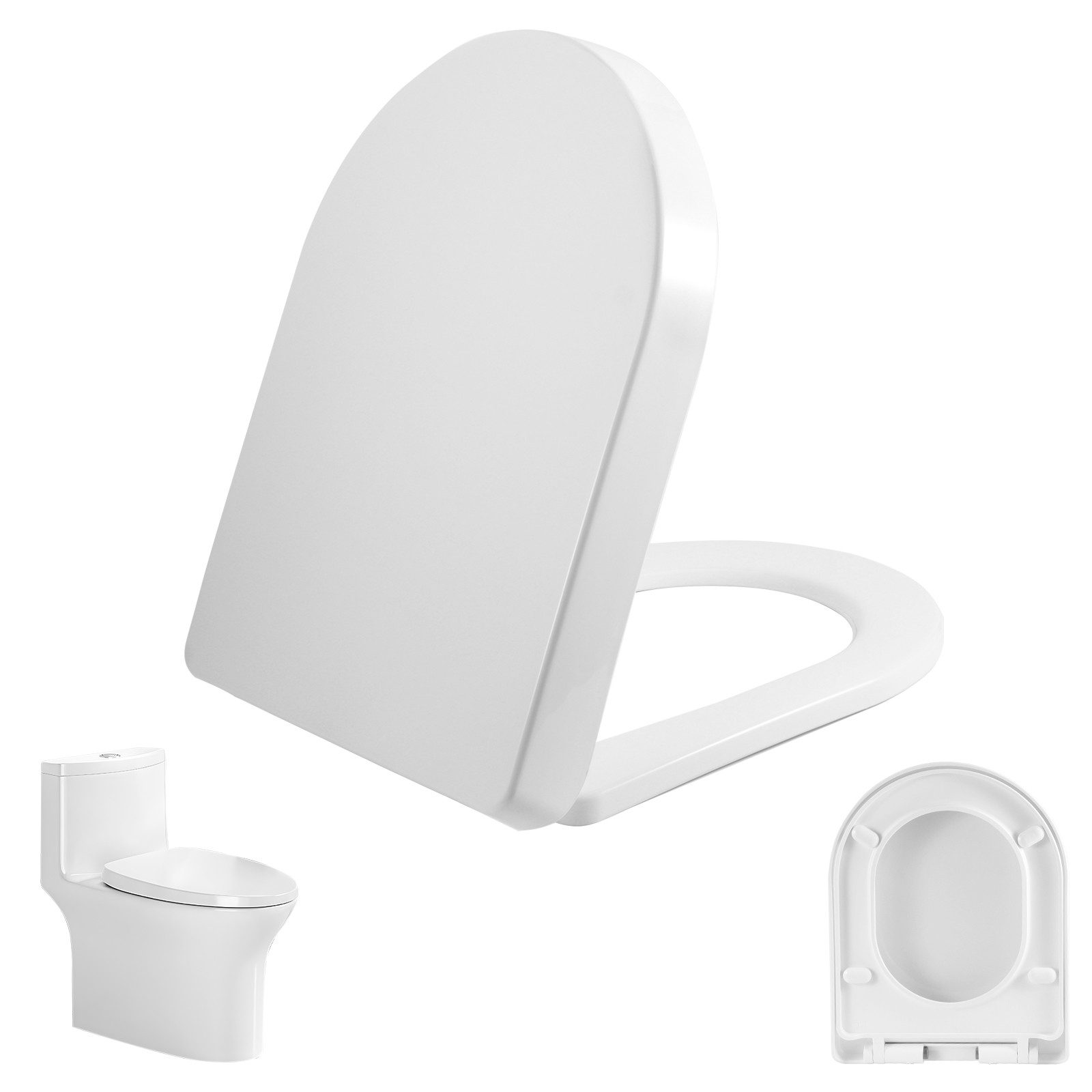 LEMLIT WC-Sitz Toilettendeckel D-Form mit Absenkautomatik, Quick Release (1er Set, 1-St., 46 cm × 36 cm), verstellbare Scharniere, einfache Montage & Reinigung