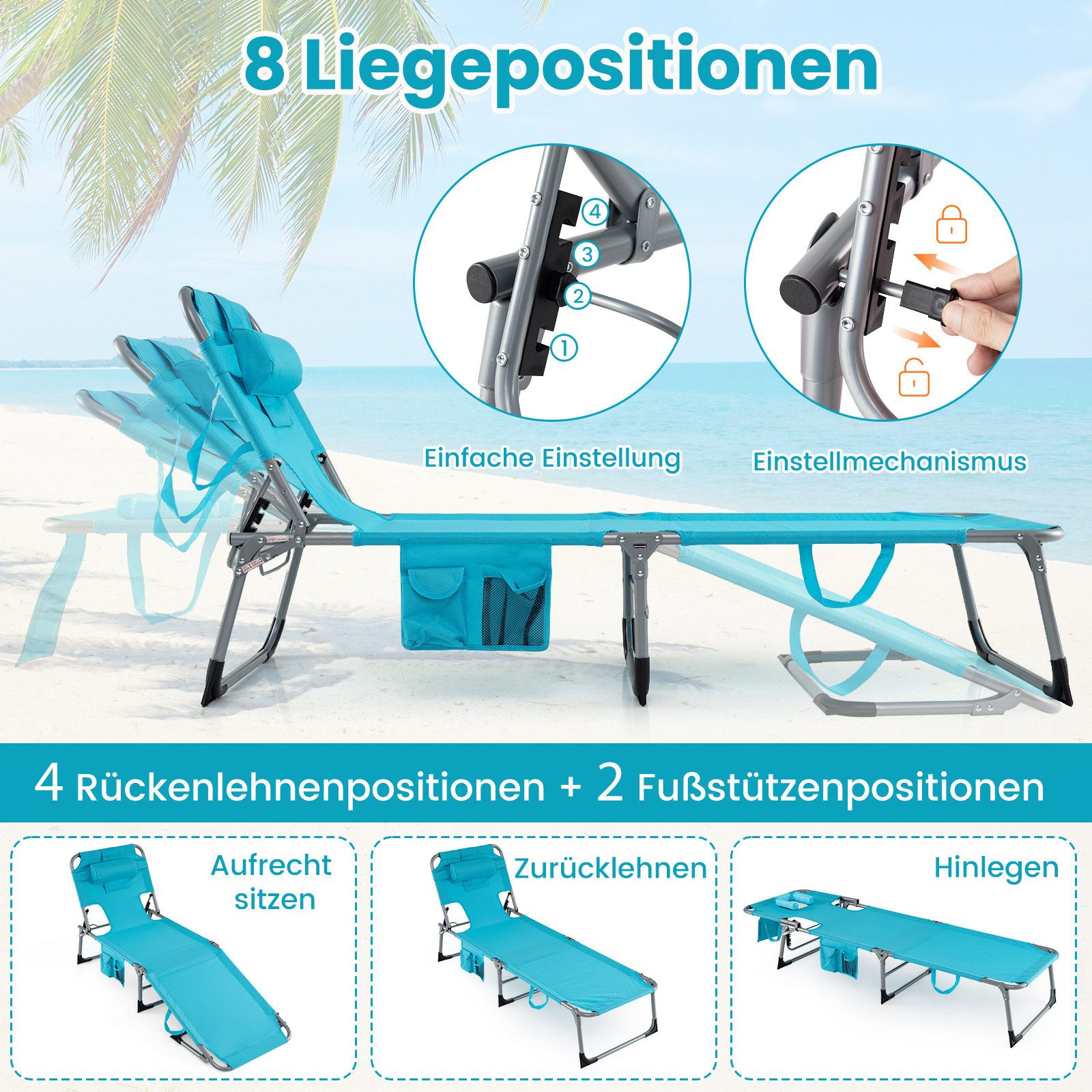 COSTWAY Gartenliege, klappbare Sonnenliege mit Loch für Kopf und Arme