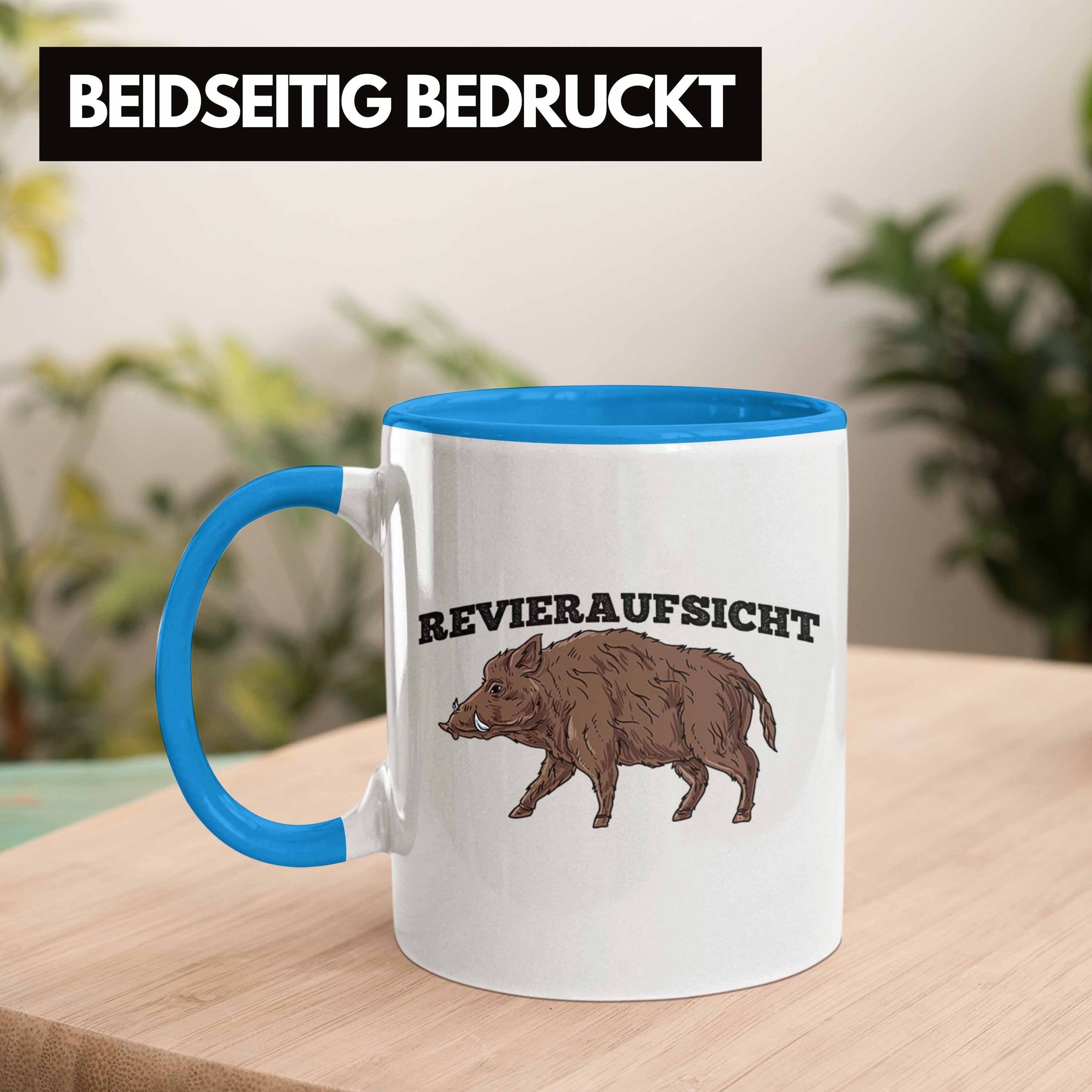 Grafik Jäger Trendation "Revieraufsicht" Tasse Blau Lustige Wildschwein für J Tasse Geschenk