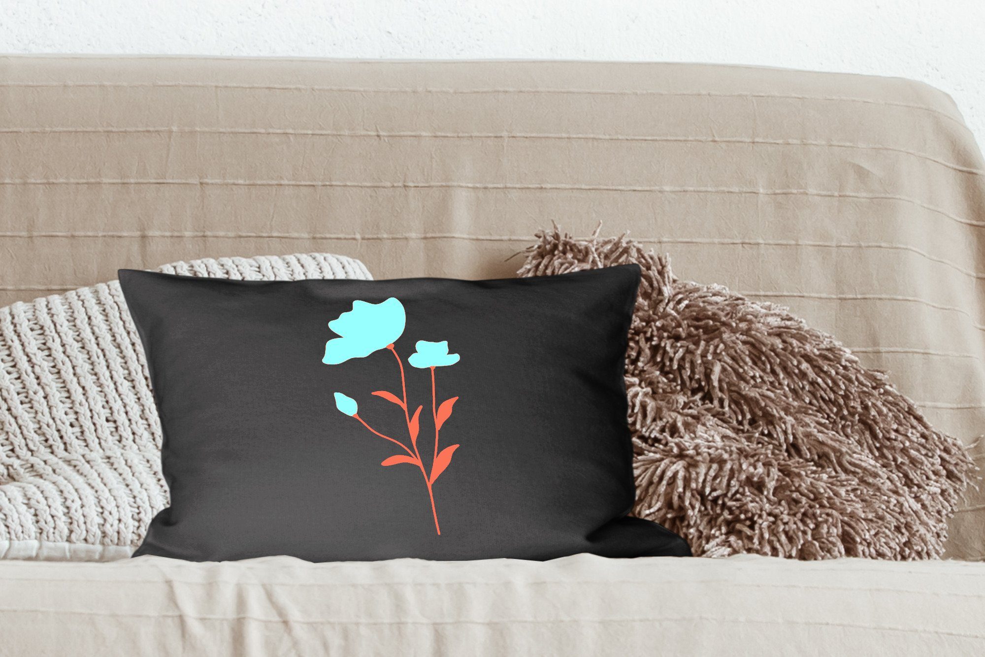Hintergrund, Dekoration, mit Blume Dekokissen Füllung, Dekokissen einer Schlafzimmer Illustration MuchoWow schwarzem Zierkissen, rosa Wohzimmer vor