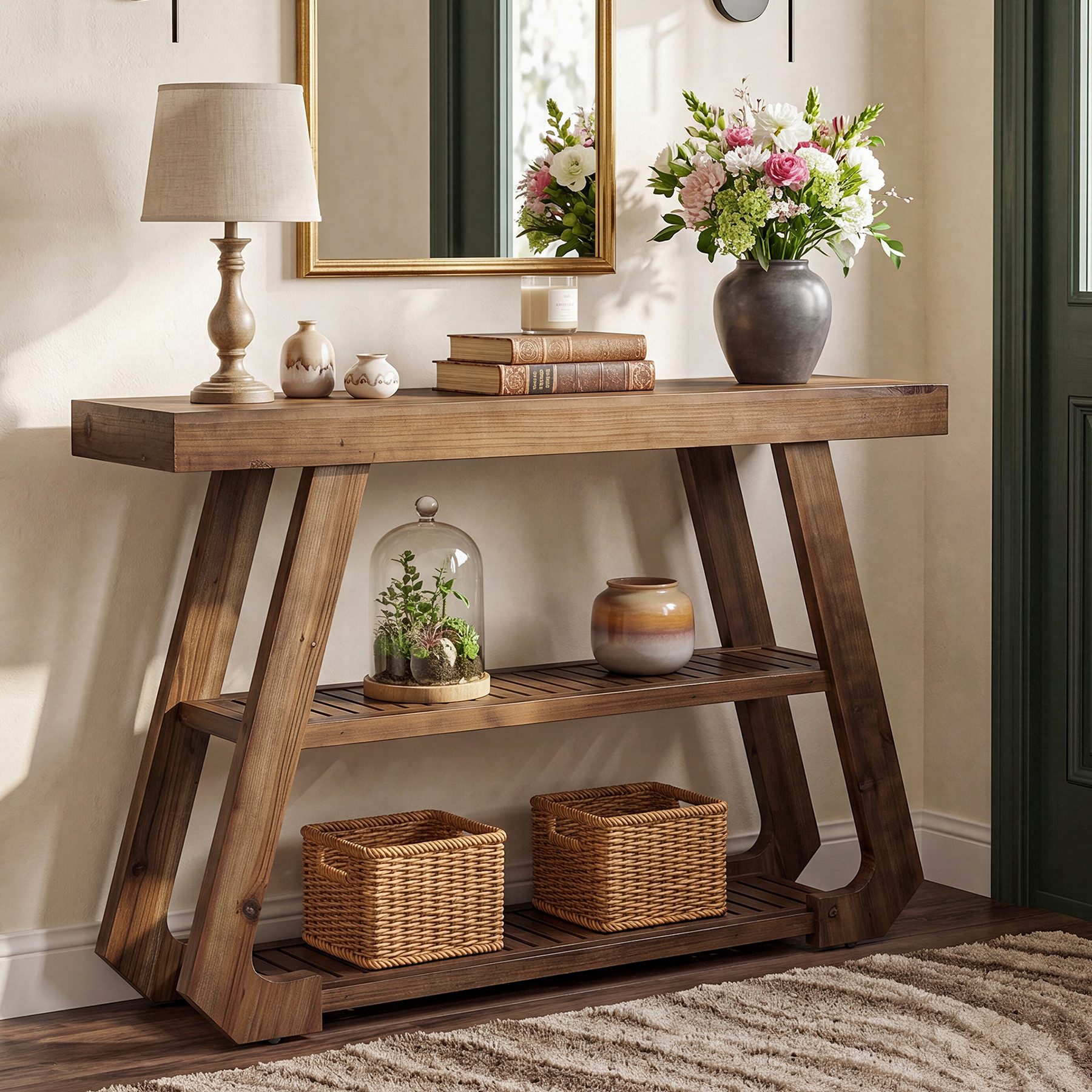 Tribesigns Konsolentisch 105 cm Flurtisch aus Massivholz mit 3 Ablagen, Schmaler Sofatisch im Landhausstil mit A-Gestell