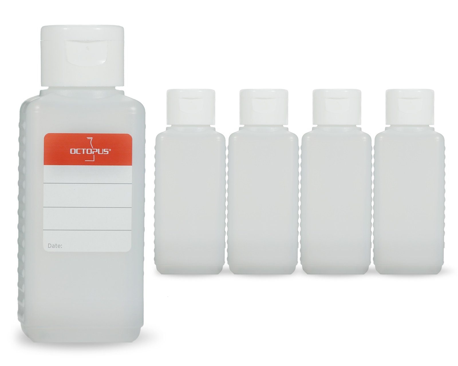 OCTOPUS Kanister 5 Plastikflaschen 100 ml eckig aus HDPE, natur, G25, Klappscharnierver (5 St)